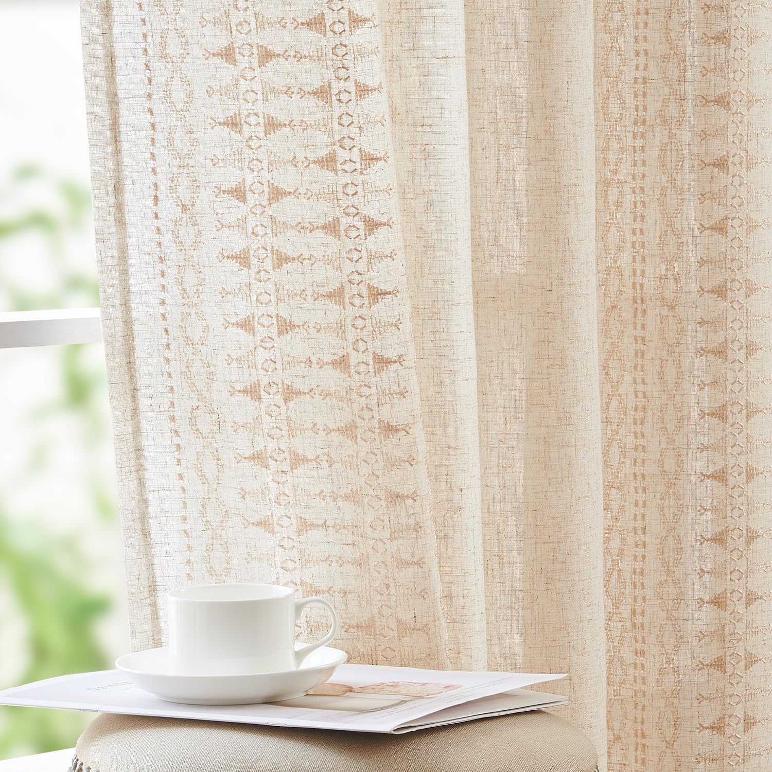 jinchan Weslie Beige Floral Sheer Curtains for Living Room 84 Inch Long Embroidered Voile Farmhouse Linen Curtains for Bedroom Ivory Flower Patterned Cottage Core Window Drapes 2 Panels Ivory on Beige