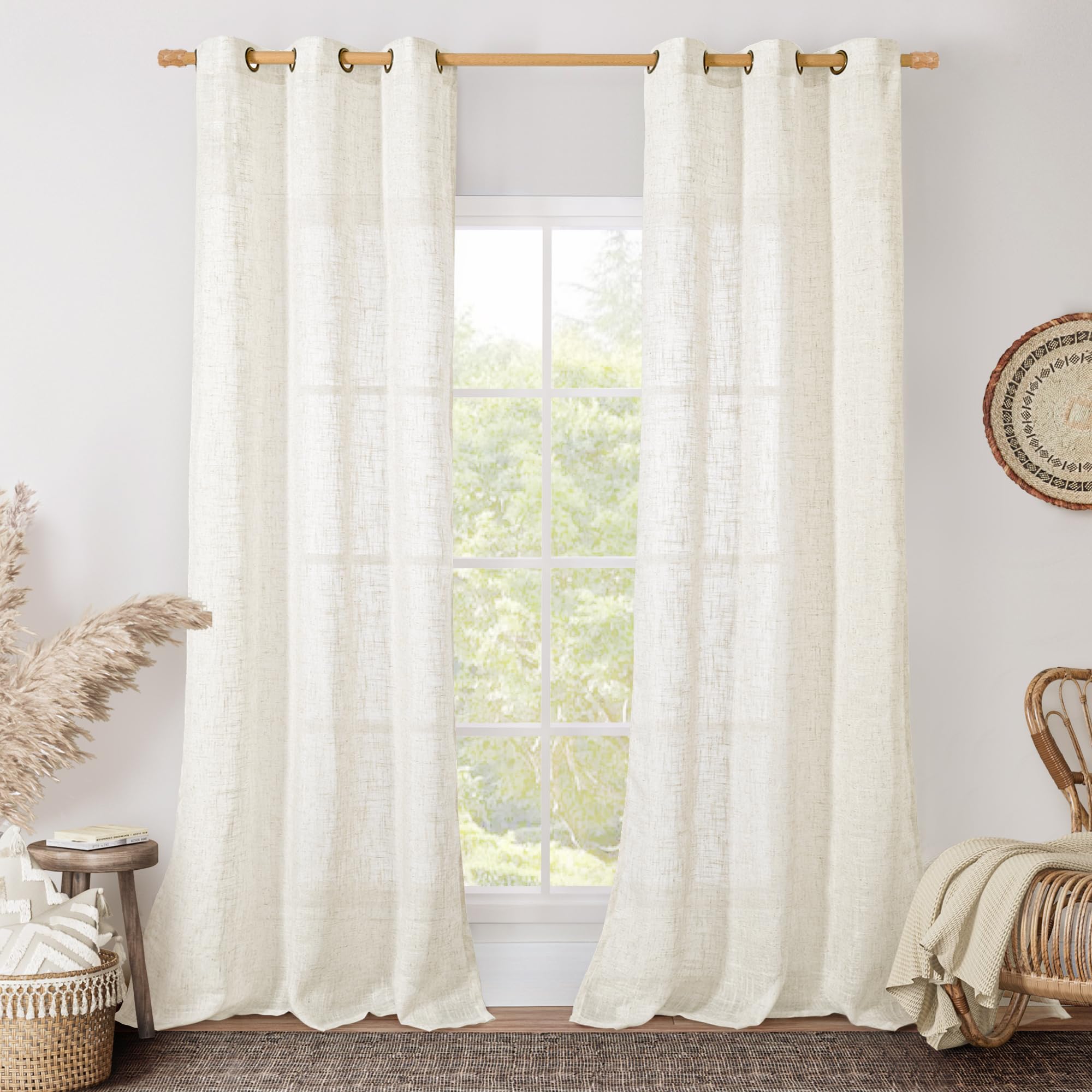 LAMIT Natural Cream Ivory Long Linen Curtains for Living Room, 108 inches Long Bronze Grommet Light Filtering Window Textured Neutral Sheer Drapes for Bedroom Farmhouse, 2 Panels, 52 x 108 Inch