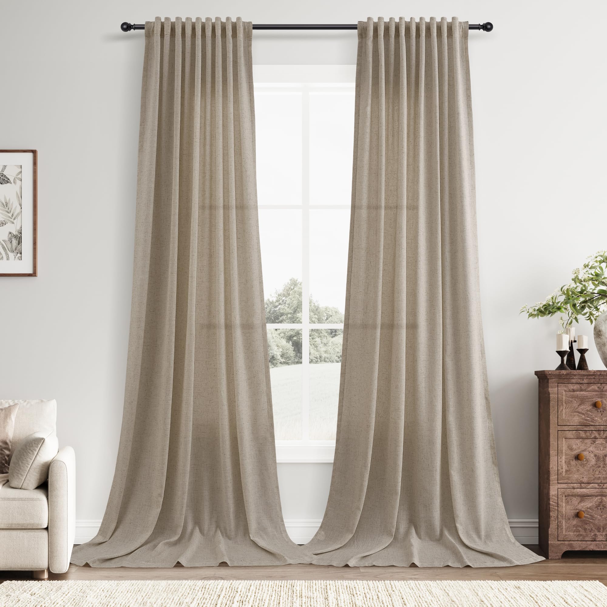 Nanspring Linen Curtains 80 Inches Long for Living Room Semi Sheer Light Filtering Curtain Back Tab Neutral Boho Modern Farmhouse Window Drapes for Bedroom 52x80 2 Panels Cream Ivory Beige Natural