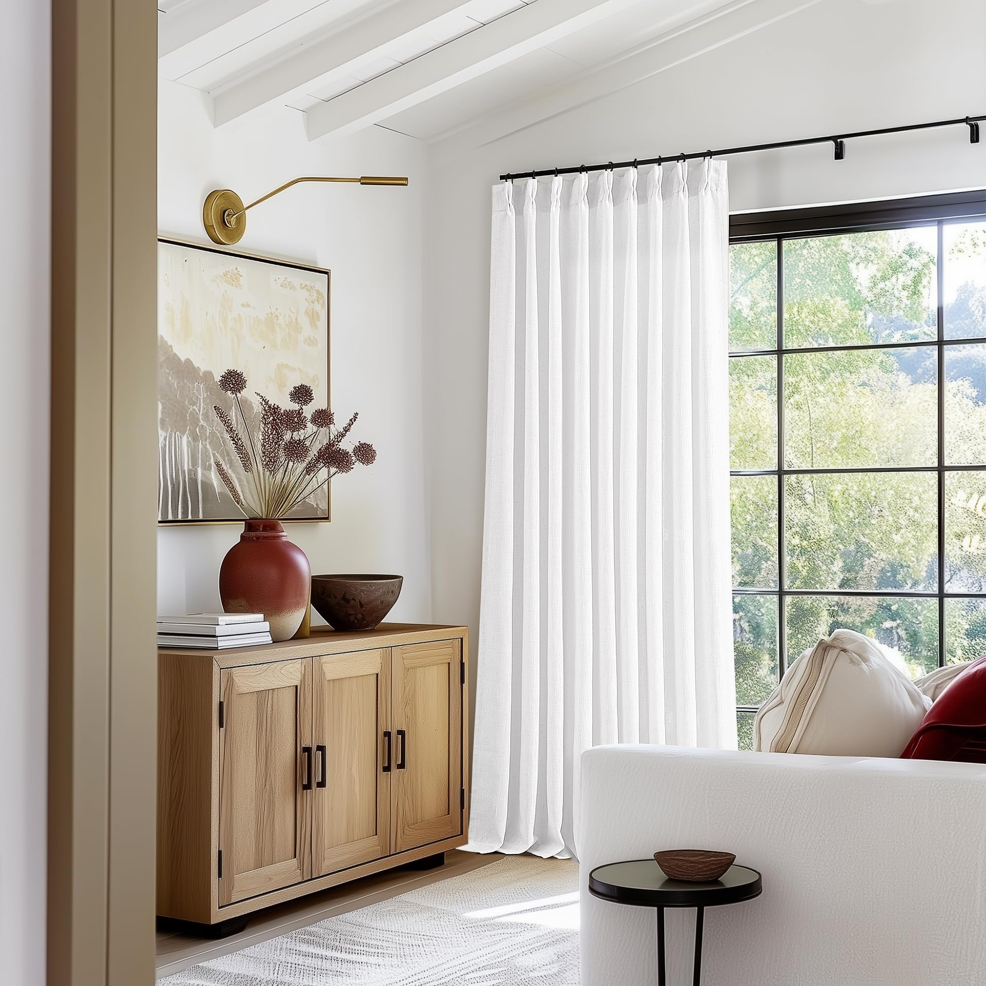 Natural Pinch Pleated Linen Curtains 84 Inch Length 2 Panels for Living Room Bedroom Textured Cream Ivory Birch Semi Sheer Boho Neutral Back Tab Pinch Pleat Hooks Rings Window Curtain 84 Inches Long