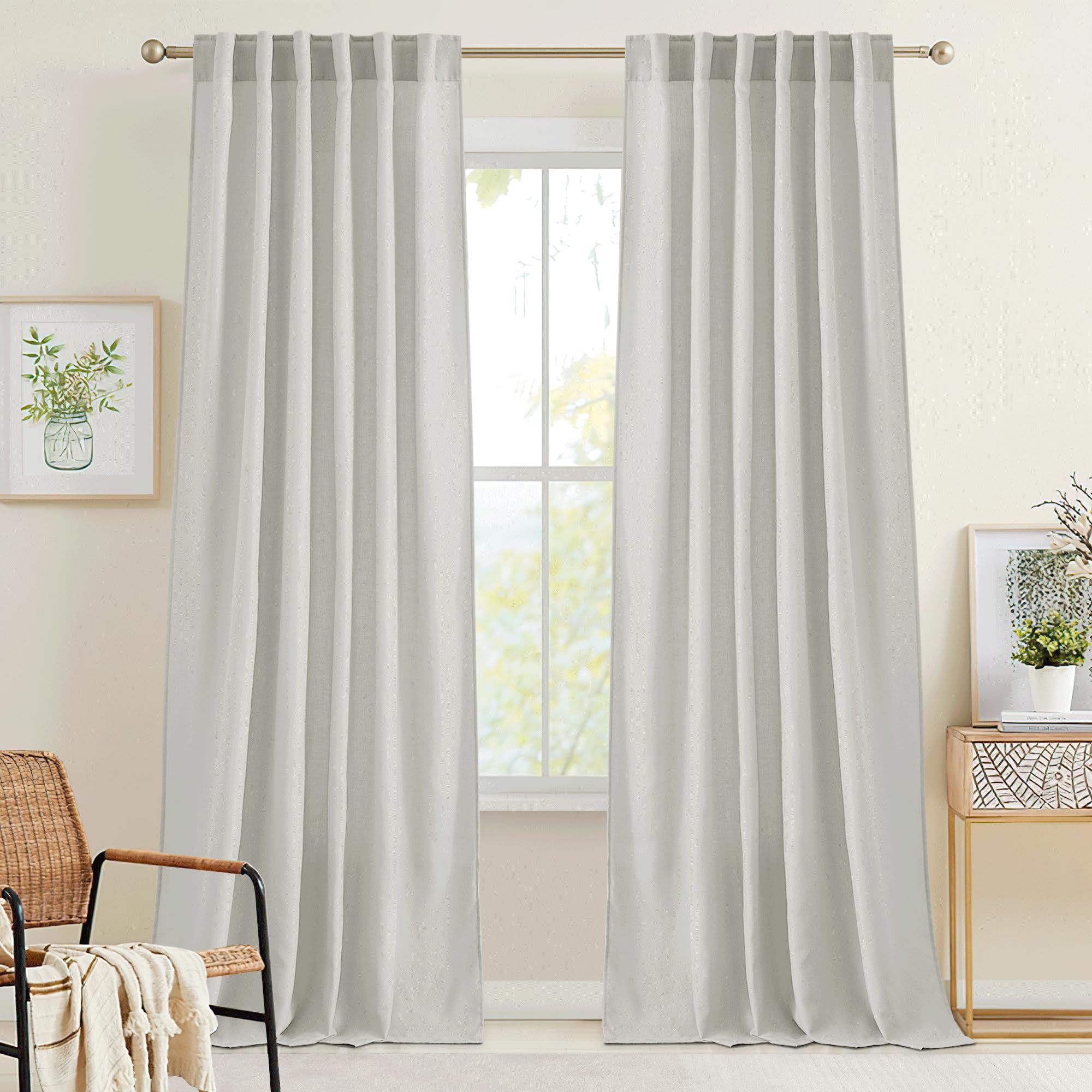 RYB HOME Semi Sheer Curtains 102 inches Long, Back Tab Light Filtration Half Privacy Window Curtains & Drapes for Bedroom Living Room, Linen, W 52 x L 102 inches, 2 Panels Set