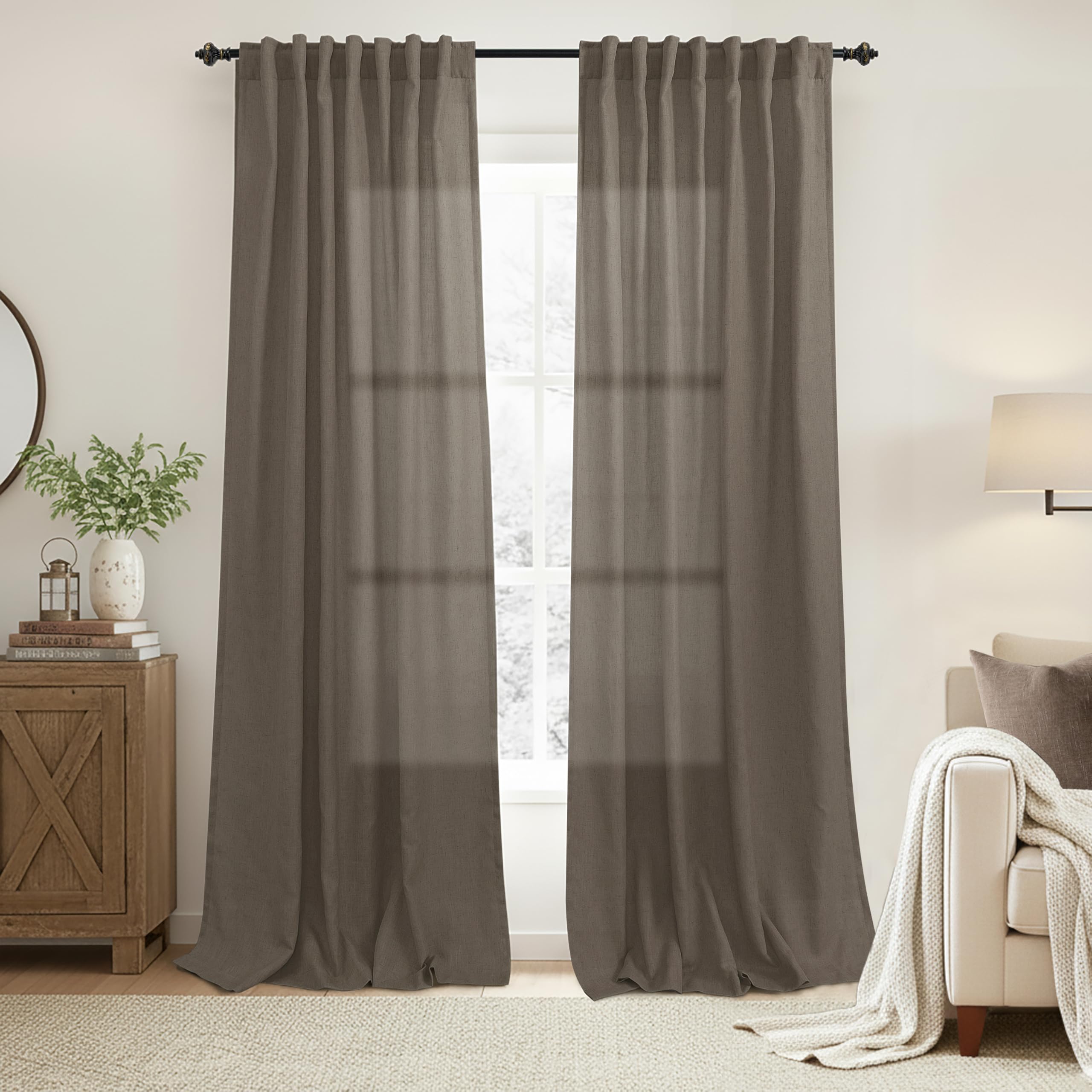 KOUFALL 92 Inch Curtains for Living Room 2 Panels Set,Light Filtering Farmhouse Boho Linen Semi Sheer Curtain Drapes 92 Inches Long for Bedroom,Cream Ivory