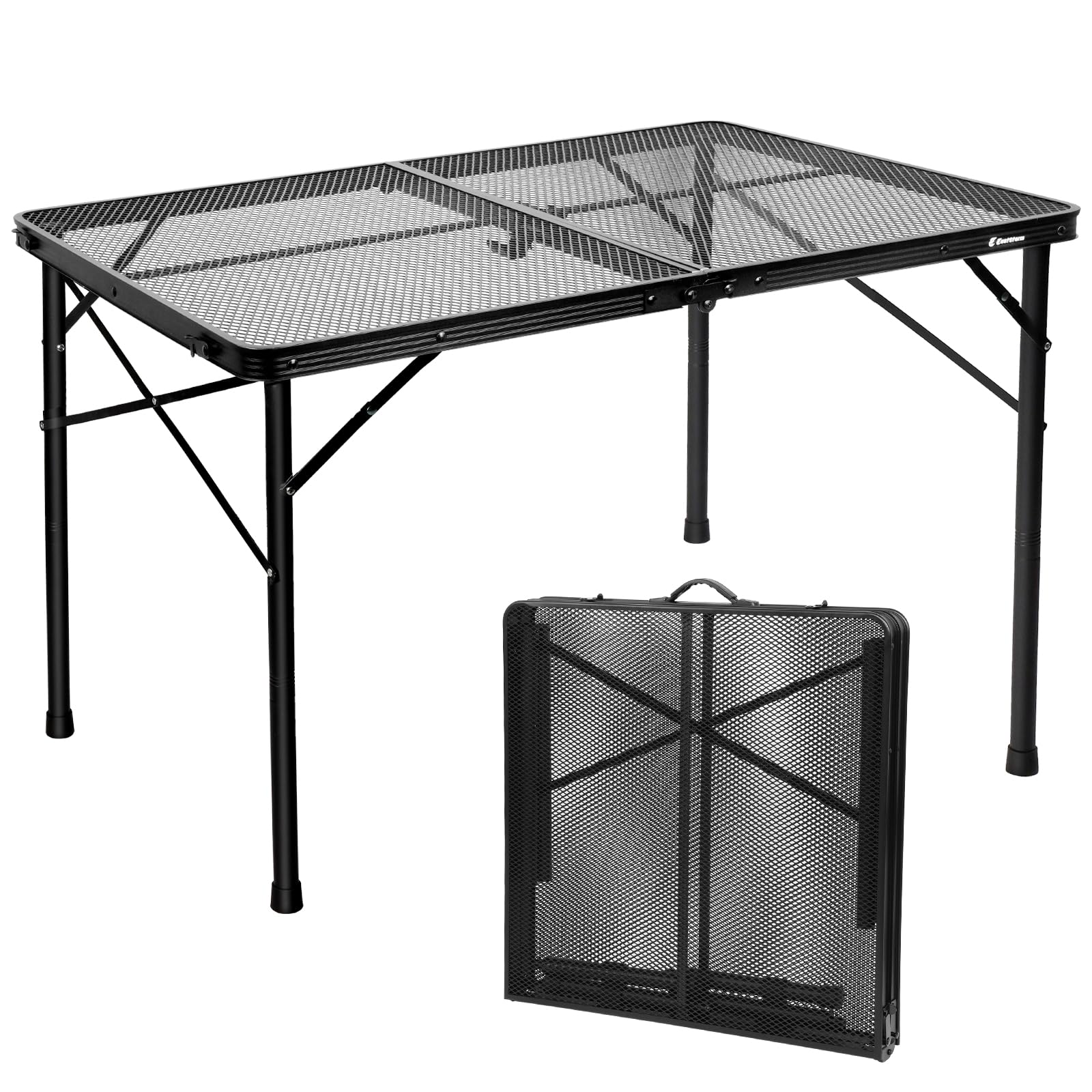 2Ft Small Folding Table with Carry Handle, Camping Table Adjustable Height 10.6–22 in, Black Metal Mesh, Portable & Compact for Outdoor/Indoor,Grill Table, 23.6×15.8 in, 4 lb, 66 lb Capacity