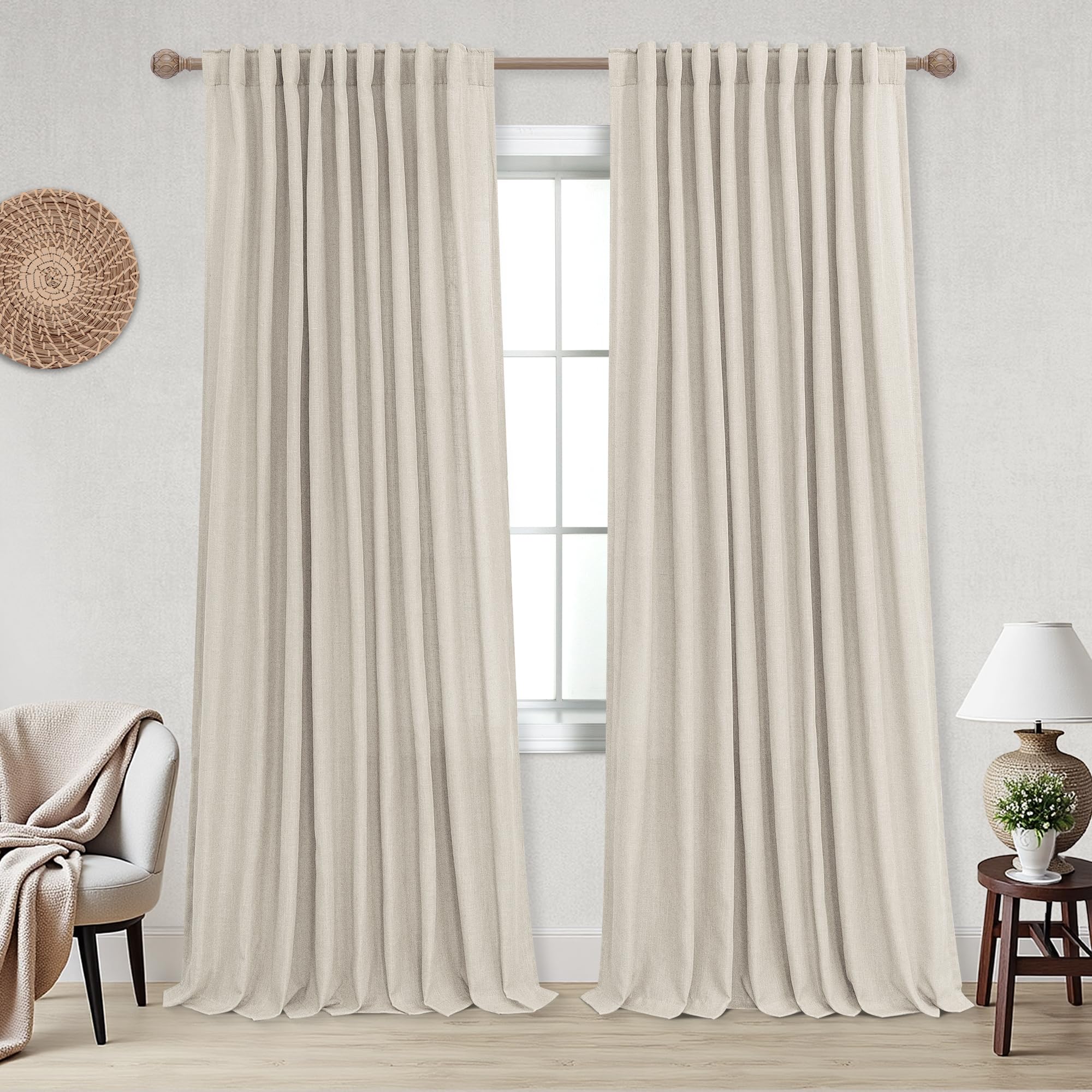 KOUFALL 92 Inch Curtains for Living Room 2 Panels Set,Light Filtering Farmhouse Boho Linen Semi Sheer Curtain Drapes 92 Inches Long for Bedroom,Cream Ivory