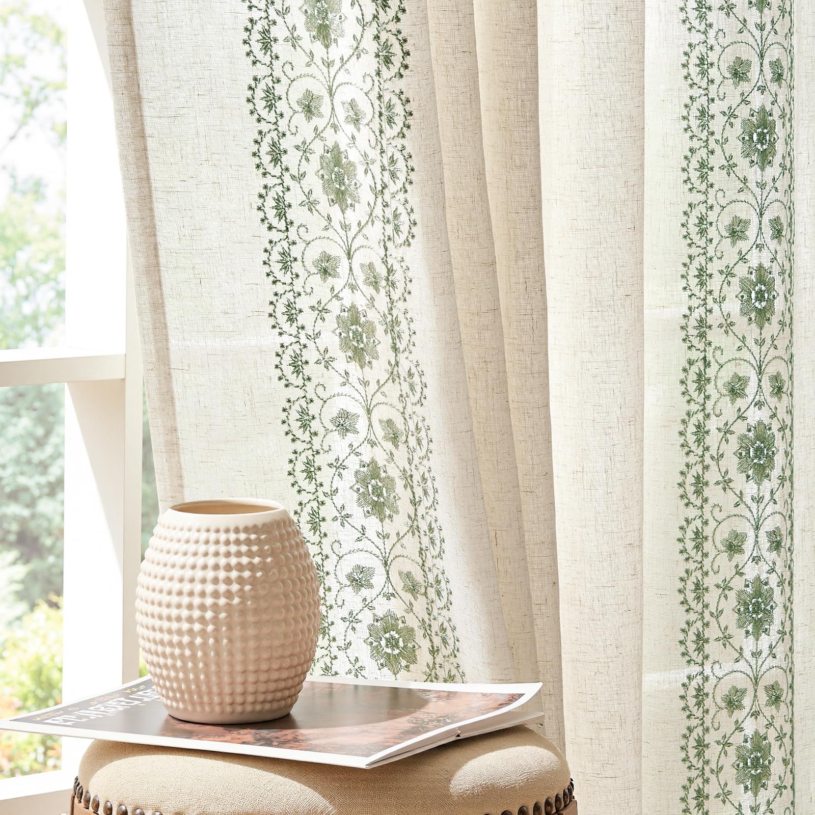 jinchan Weslie Beige Floral Sheer Curtains for Living Room 84 Inch Long Embroidered Voile Farmhouse Linen Curtains for Bedroom Ivory Flower Patterned Cottage Core Window Drapes 2 Panels Ivory on Beige