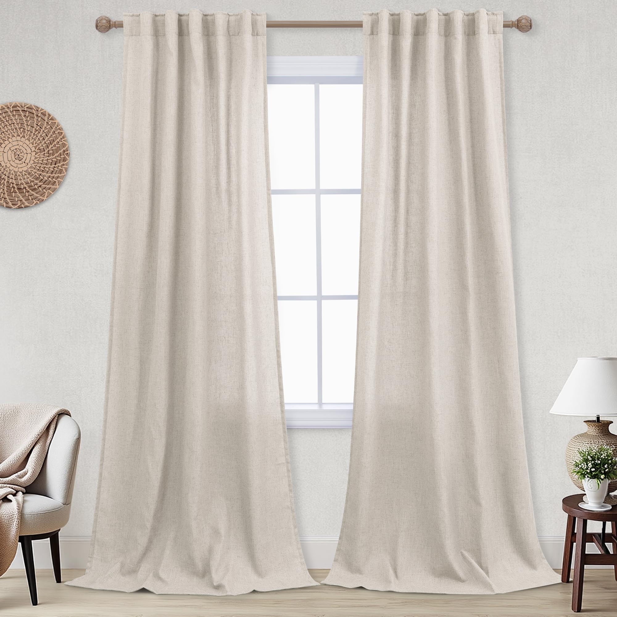 KOUFALL 92 Inch Curtains for Living Room 2 Panels Set,Light Filtering Farmhouse Boho Linen Semi Sheer Curtain Drapes 92 Inches Long for Bedroom,Cream Ivory