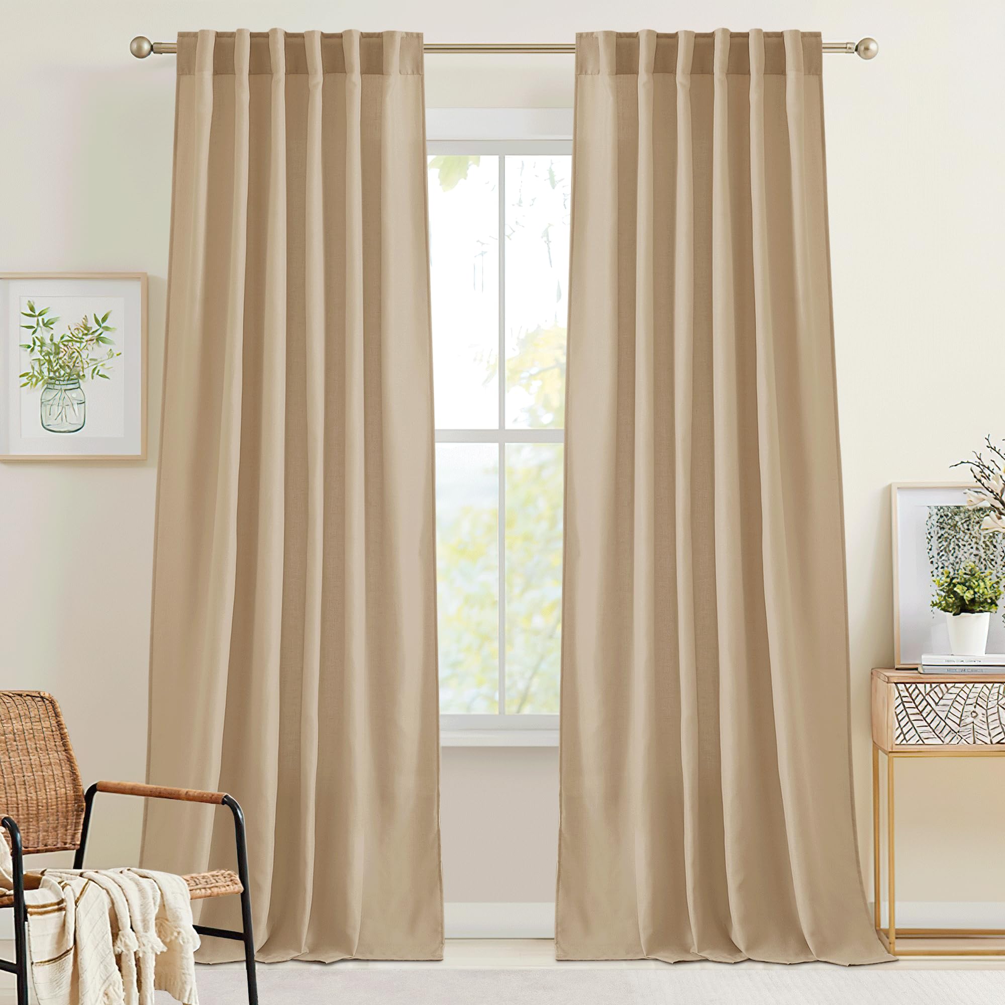 RYB HOME Semi Sheer Curtains 102 inches Long, Back Tab Light Filtration Half Privacy Window Curtains & Drapes for Bedroom Living Room, Linen, W 52 x L 102 inches, 2 Panels Set
