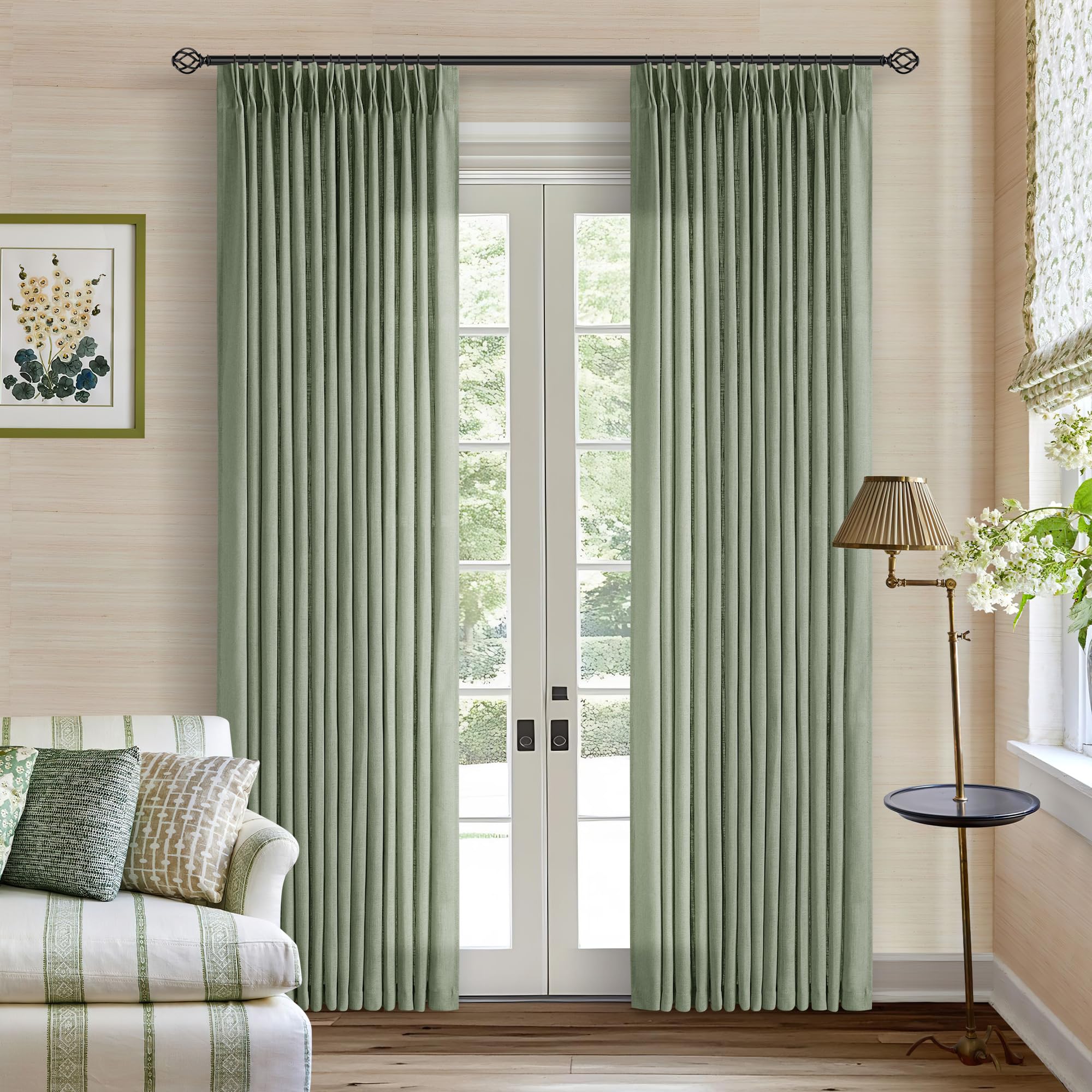 Natural Pinch Pleated Linen Curtains 84 Inch Length 2 Panels for Living Room Bedroom Textured Cream Ivory Birch Semi Sheer Boho Neutral Back Tab Pinch Pleat Hooks Rings Window Curtain 84 Inches Long