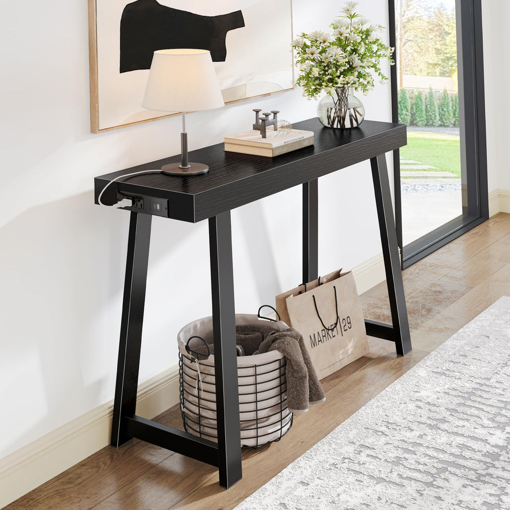 47.2" Black Modern Console Table with Charging Station & Metal Legs