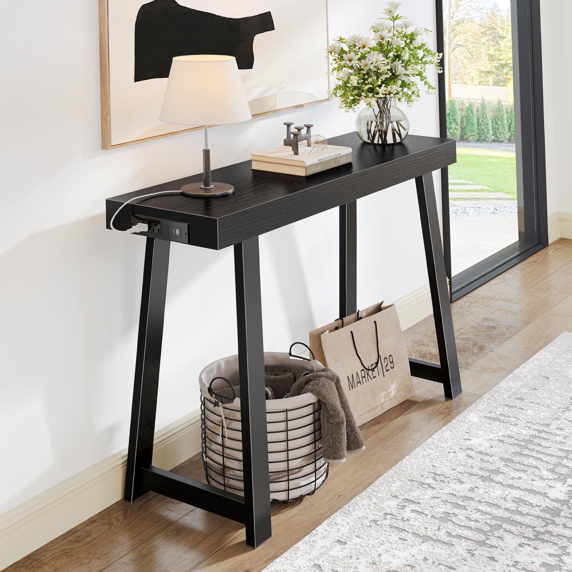 47.2" Black Modern Console Table with Charging Station & Metal Legs