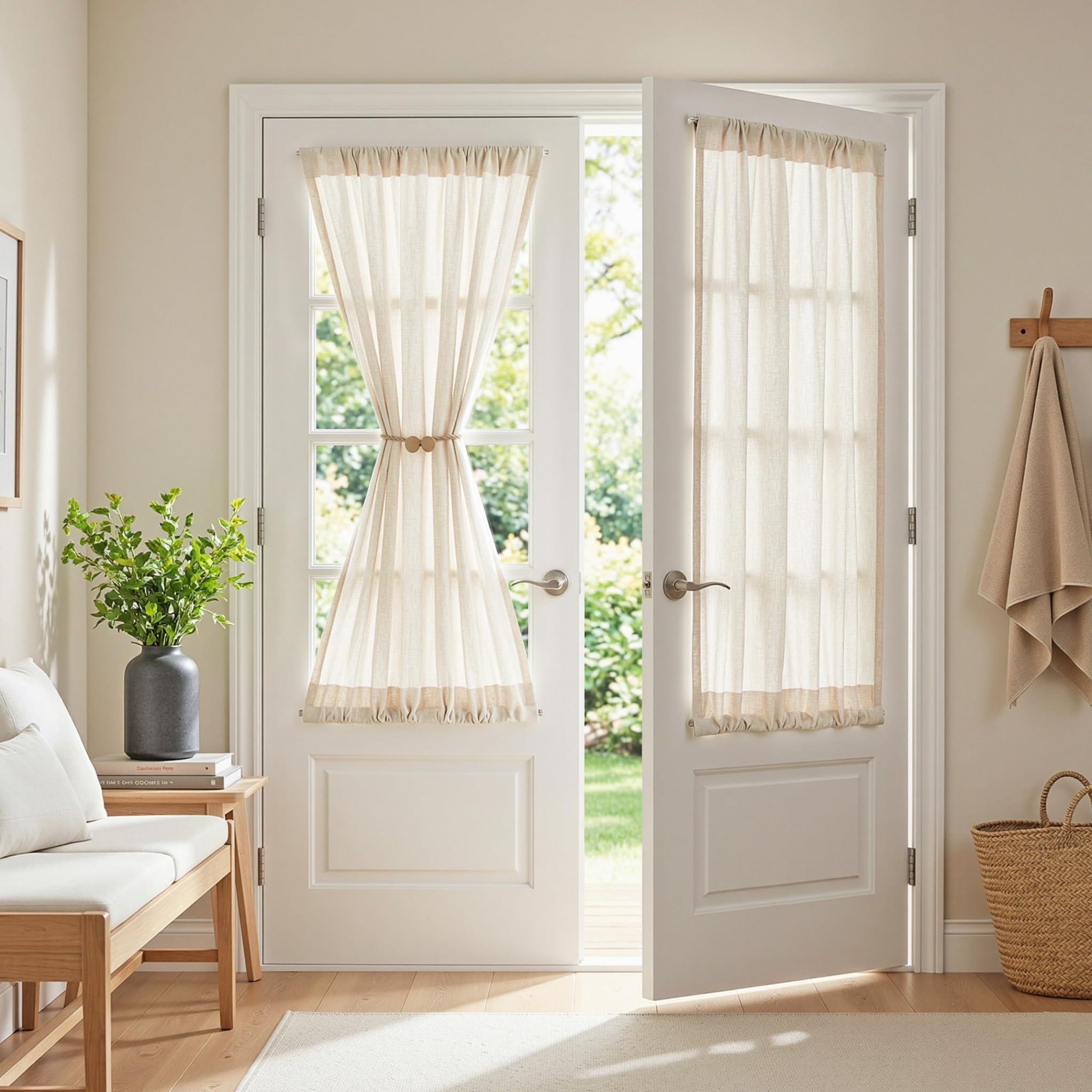 MYSKY HOME Country Curtains for Sliding Glass Door, Back Tab Semi Sheer Curtain Panels Extra Long Floor Length Drapes Linen Texture Soft Touch, 50x108 Inch, Linen, Set of 2