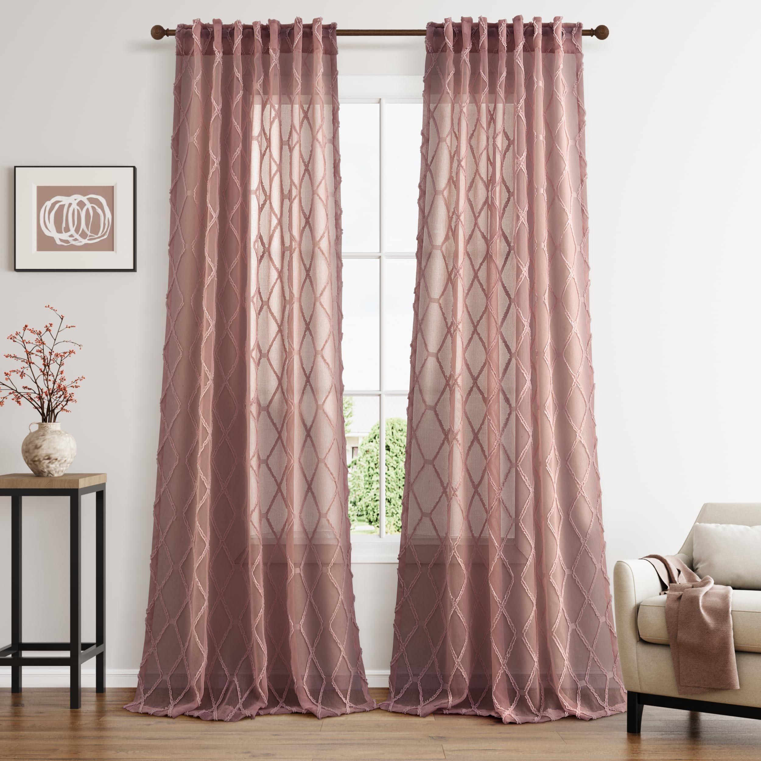 108" Beige Linen Sheer Curtains, 2 Panels, Tuft Pattern for Living Room & Bedroom