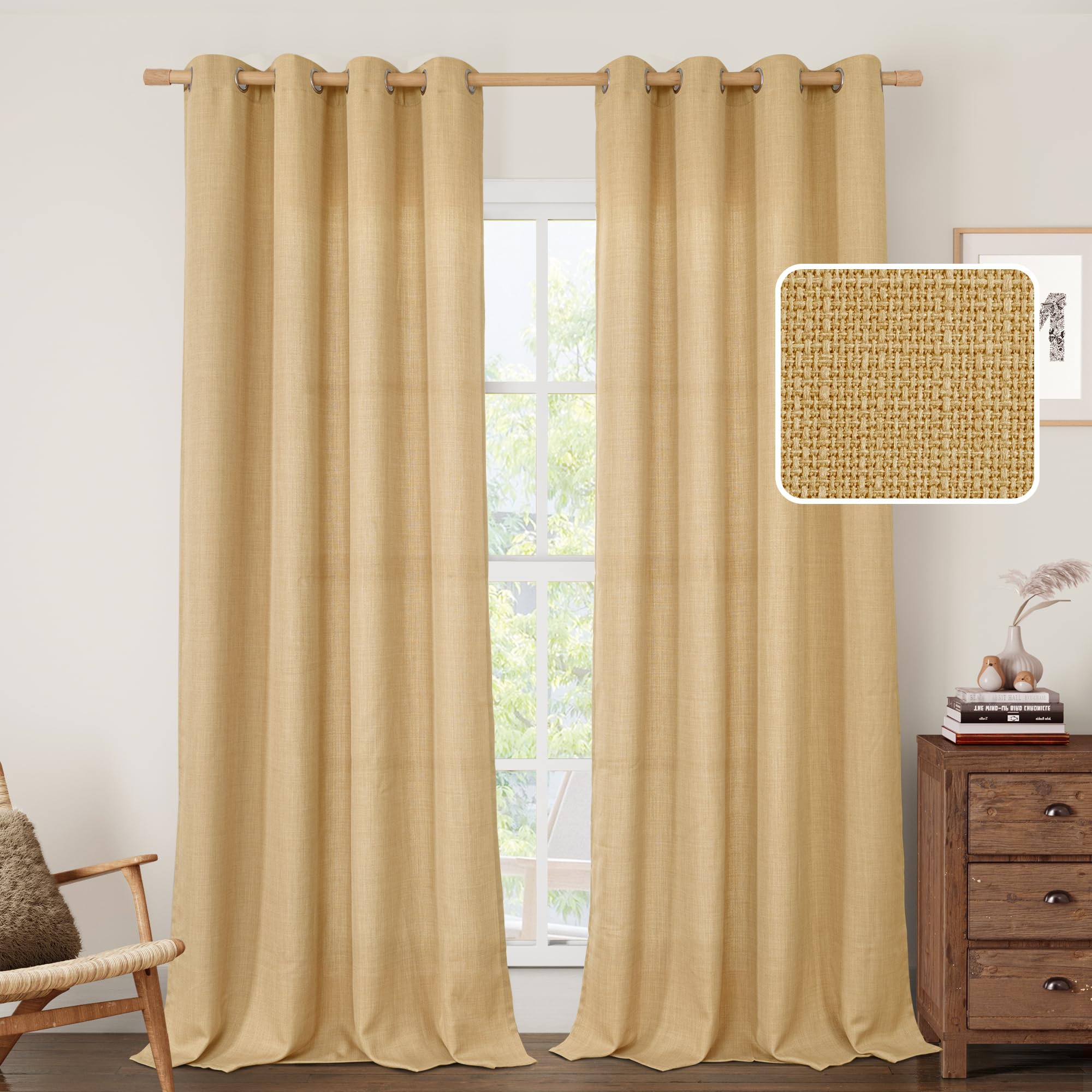 LAMIT Natural Cream Ivory Long Linen Curtains for Living Room, 108 inches Long Bronze Grommet Light Filtering Window Textured Neutral Sheer Drapes for Bedroom Farmhouse, 2 Panels, 52 x 108 Inch