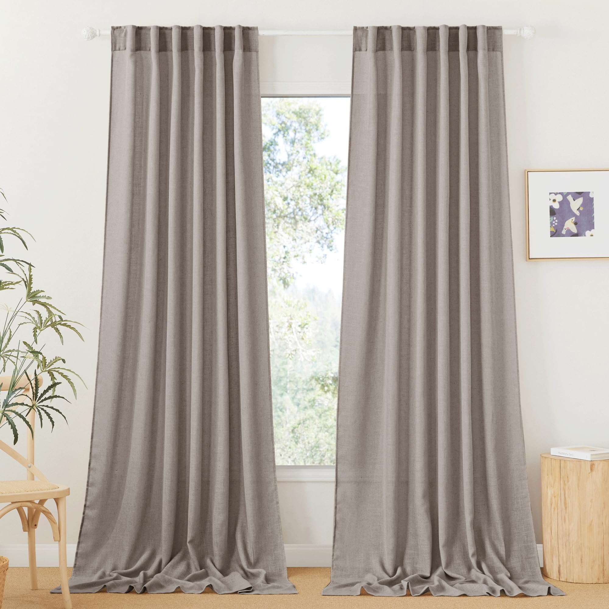 RYB HOME Semi Sheer Curtains 102 inches Long, Back Tab Light Filtration Half Privacy Window Curtains & Drapes for Bedroom Living Room, Linen, W 52 x L 102 inches, 2 Panels Set