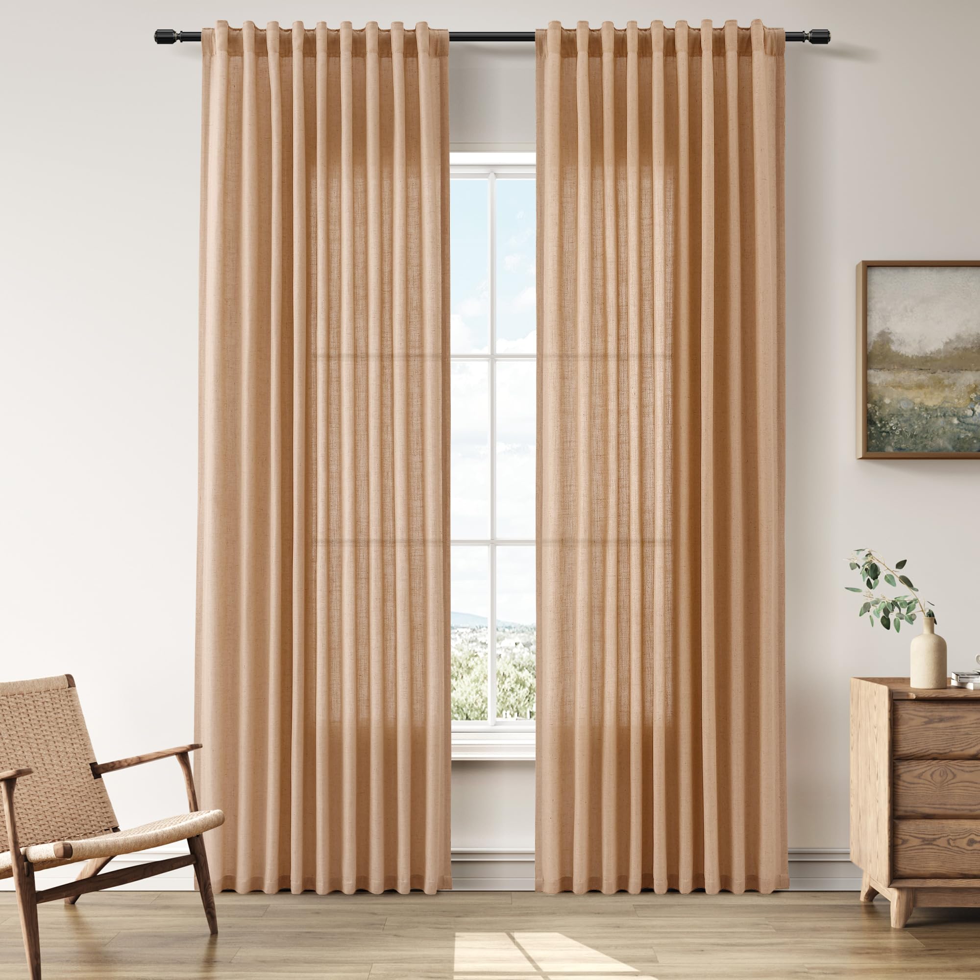 Nanspring Linen Curtains 80 Inches Long for Living Room Semi Sheer Light Filtering Curtain Back Tab Neutral Boho Modern Farmhouse Window Drapes for Bedroom 52x80 2 Panels Cream Ivory Beige Natural
