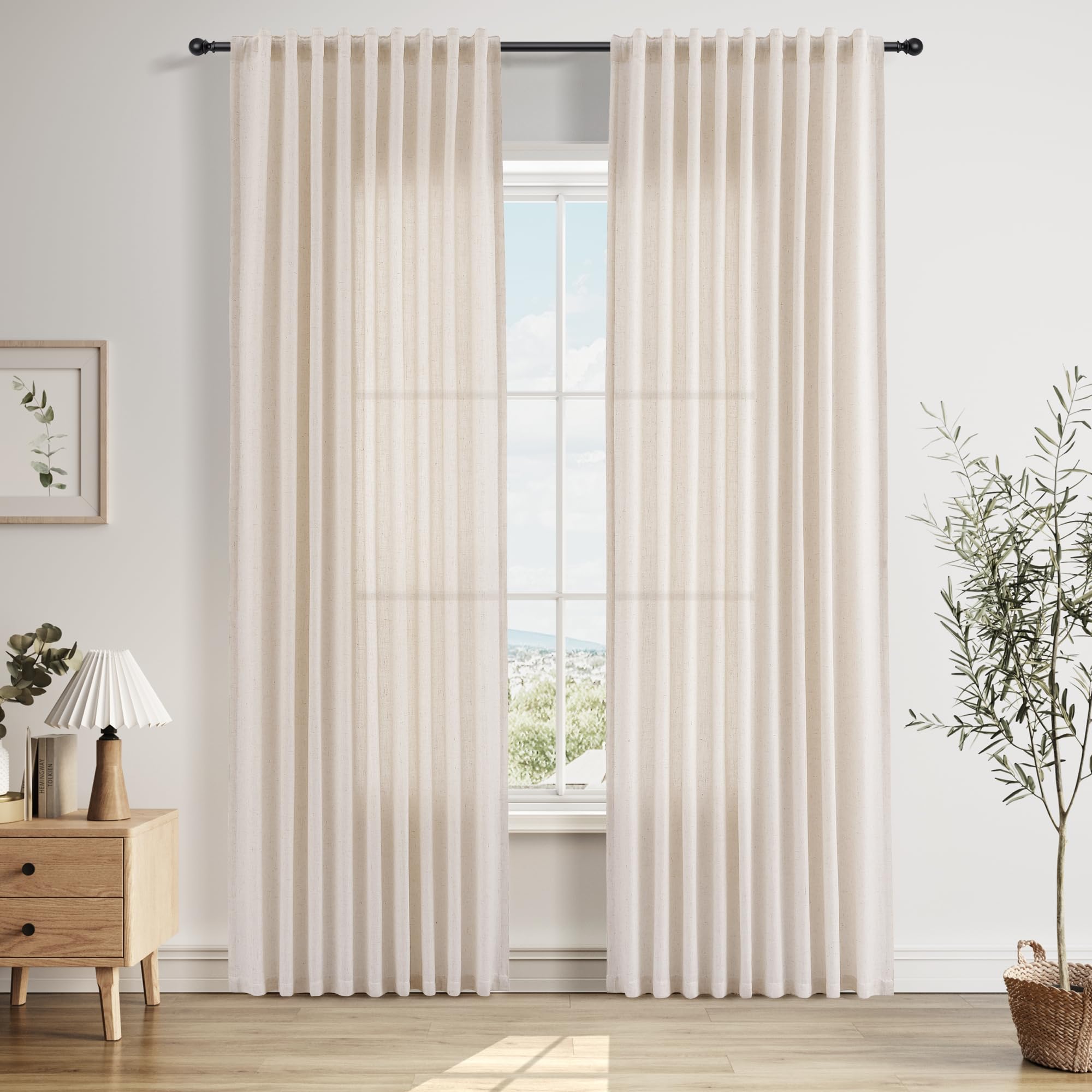 Nanspring Linen Curtains 80 Inches Long for Living Room Semi Sheer Light Filtering Curtain Back Tab Neutral Boho Modern Farmhouse Window Drapes for Bedroom 52x80 2 Panels Cream Ivory Beige Natural