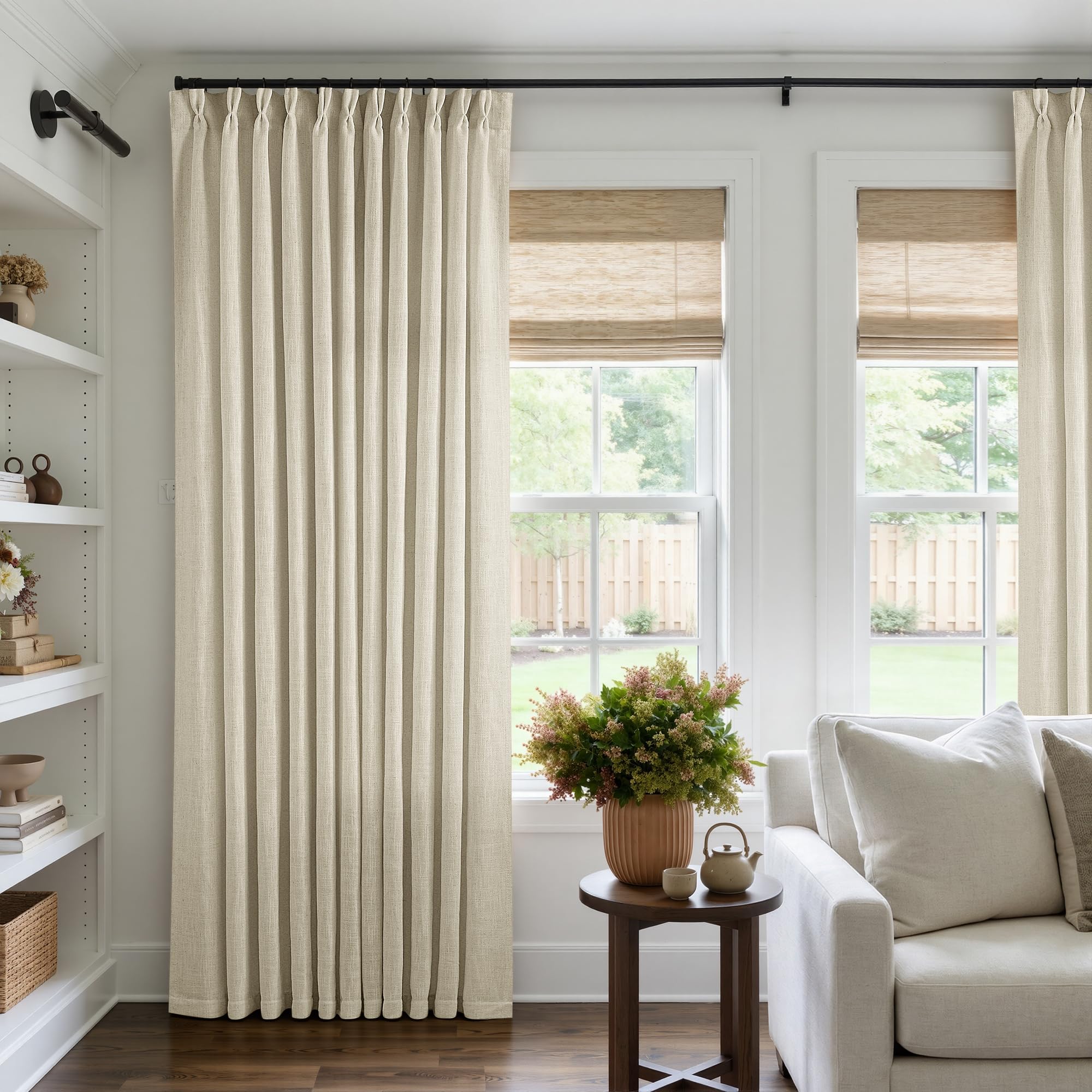 Natural Pinch Pleated Linen Curtains 84 Inch Length 2 Panels for Living Room Bedroom Textured Cream Ivory Birch Semi Sheer Boho Neutral Back Tab Pinch Pleat Hooks Rings Window Curtain 84 Inches Long