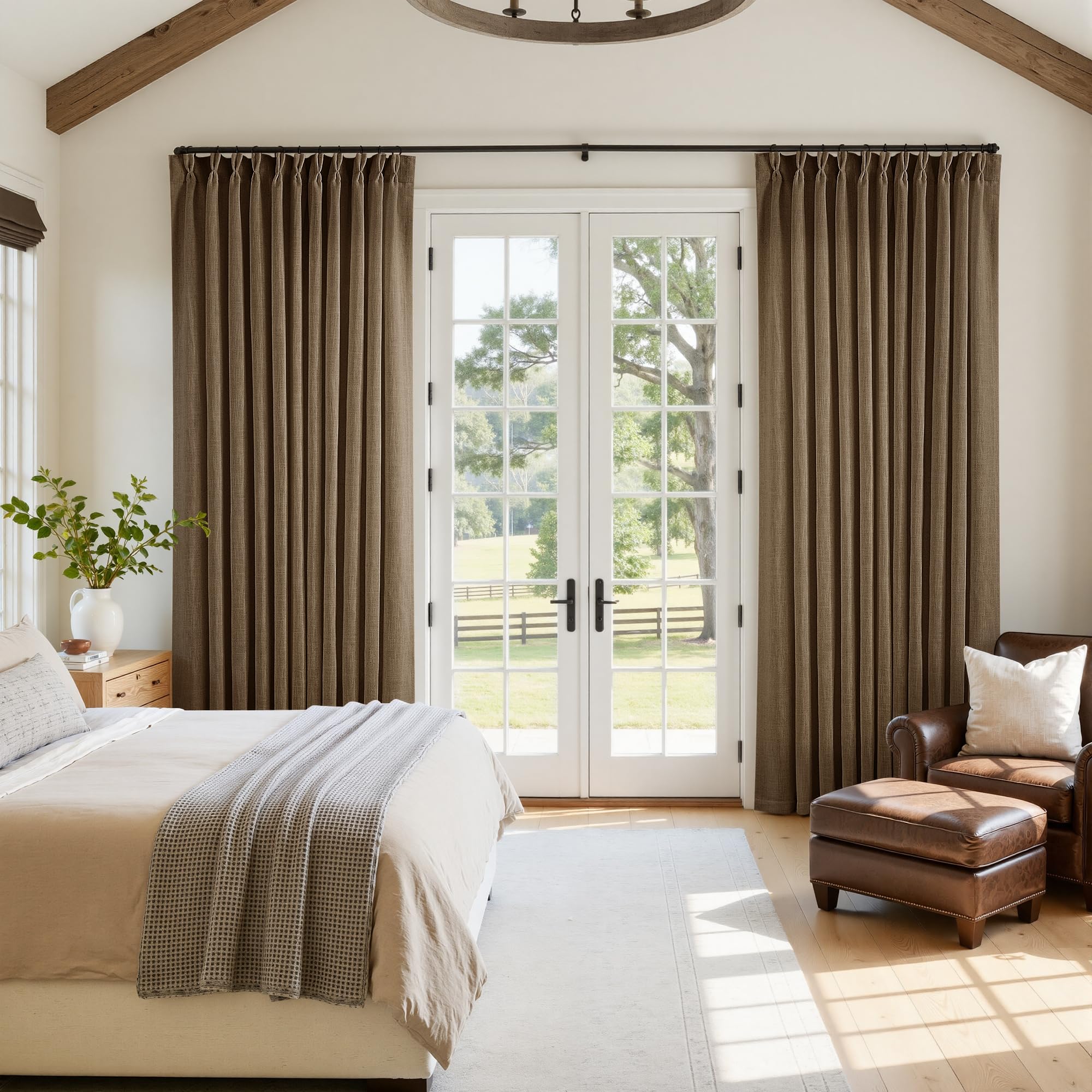 Natural Pinch Pleated Linen Curtains 84 Inch Length 2 Panels for Living Room Bedroom Textured Cream Ivory Birch Semi Sheer Boho Neutral Back Tab Pinch Pleat Hooks Rings Window Curtain 84 Inches Long