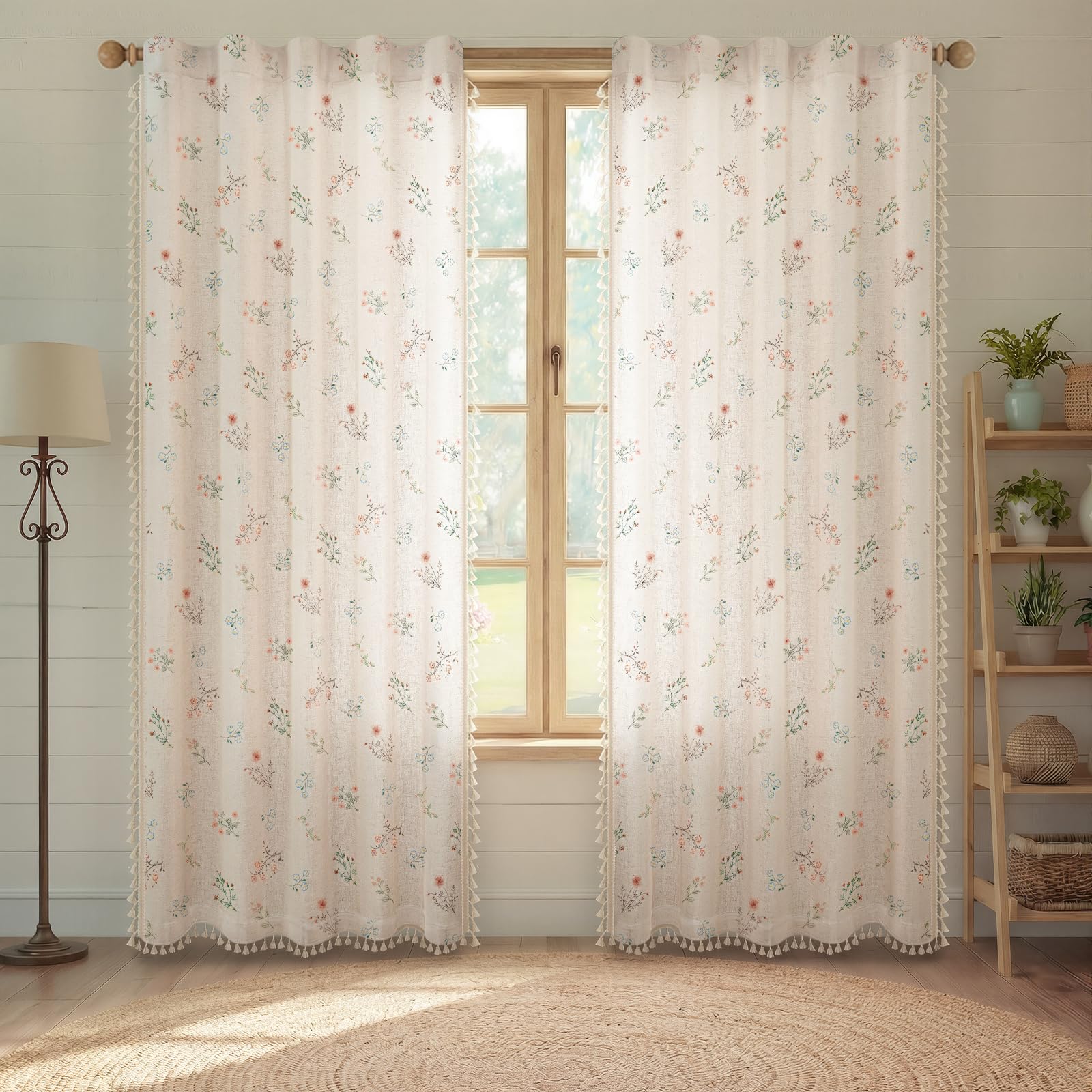 Boho Floral Spring Semi Sheer Curtains 84 Inch Length 2 Panels Set, Linen Texture Farmhouse Light Filtering Curtains Beige Tassel for Bedroom Living Room Vintage Rustic Patterned Printed Rod Pocket