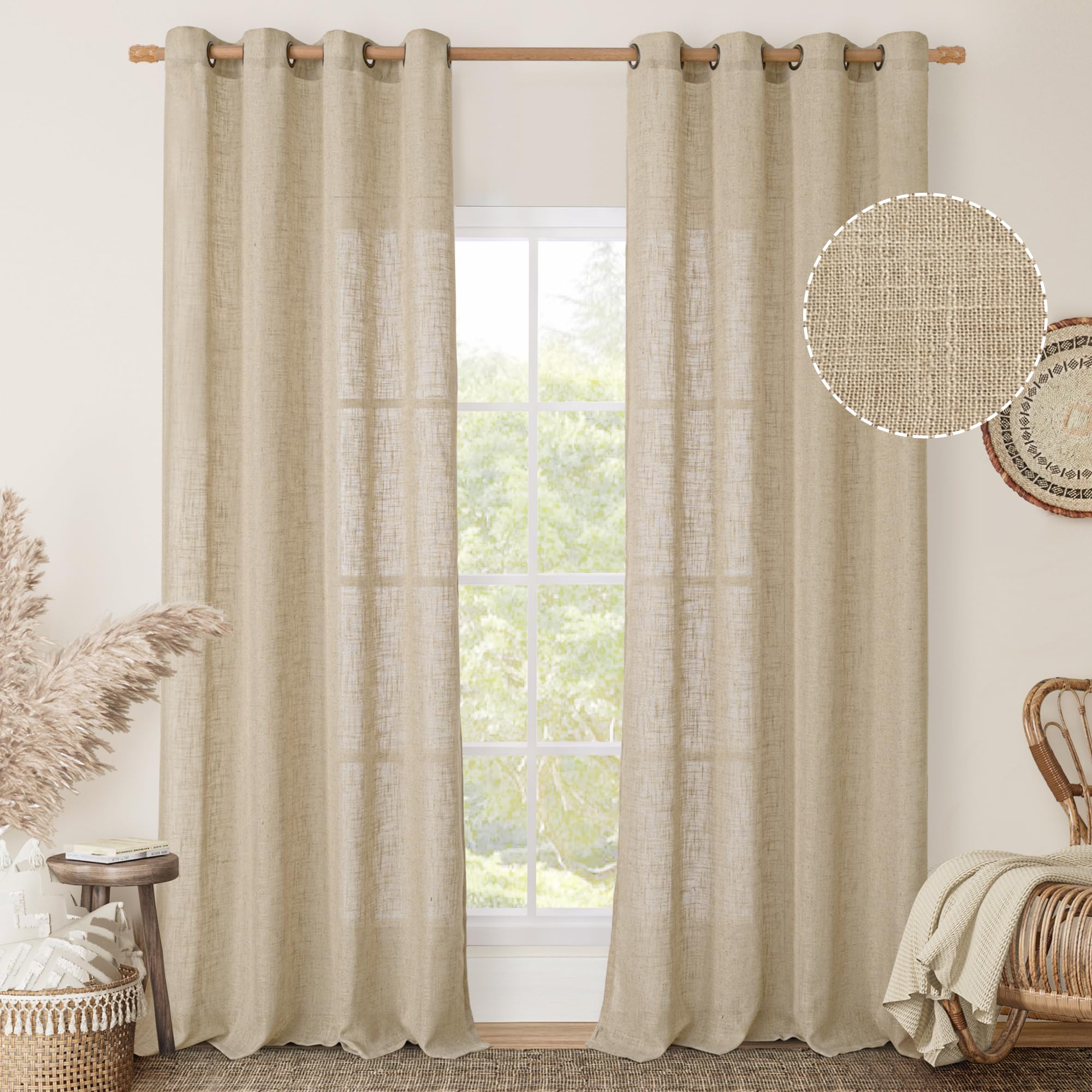 LAMIT Natural Cream Ivory Long Linen Curtains for Living Room, 108 inches Long Bronze Grommet Light Filtering Window Textured Neutral Sheer Drapes for Bedroom Farmhouse, 2 Panels, 52 x 108 Inch