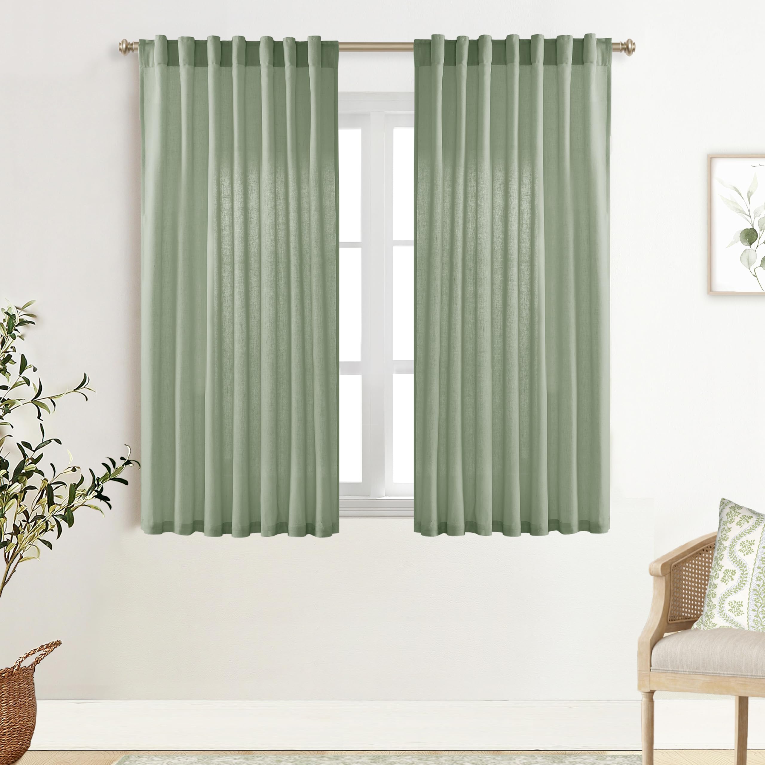 XTMYI 90 Inches Long Sheer Linen Curtains 2 Panels Set,Hook Tape Back Tab Semi Sheer Cotton Blend Fabric Modern Cottage Core Cottagecore Curtain Drapes for Living Room Bedroom,50x90 in Length