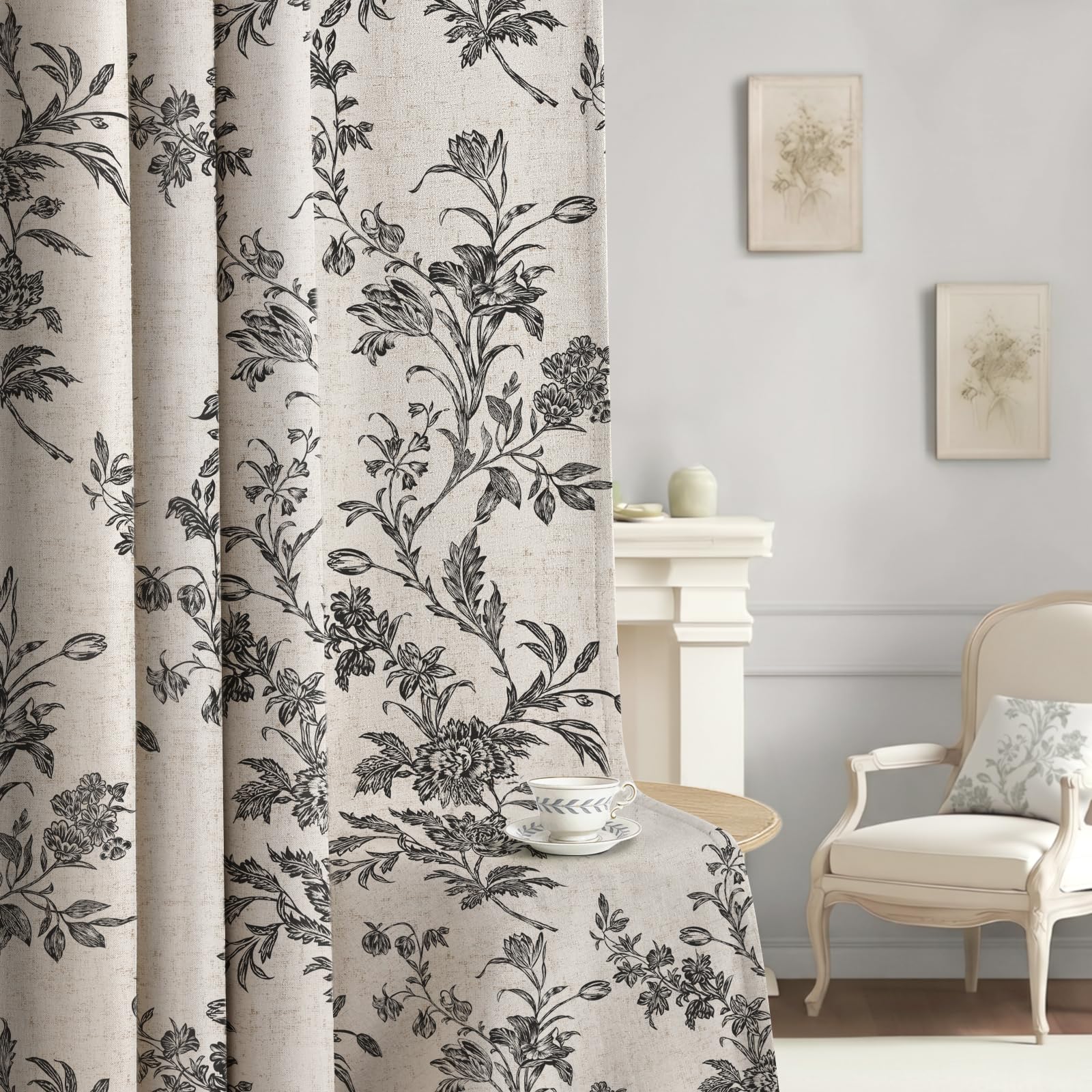 Boho Floral Spring Semi Sheer Curtains 84 Inch Length 2 Panels Set, Linen Texture Farmhouse Light Filtering Curtains Beige Tassel for Bedroom Living Room Vintage Rustic Patterned Printed Rod Pocket
