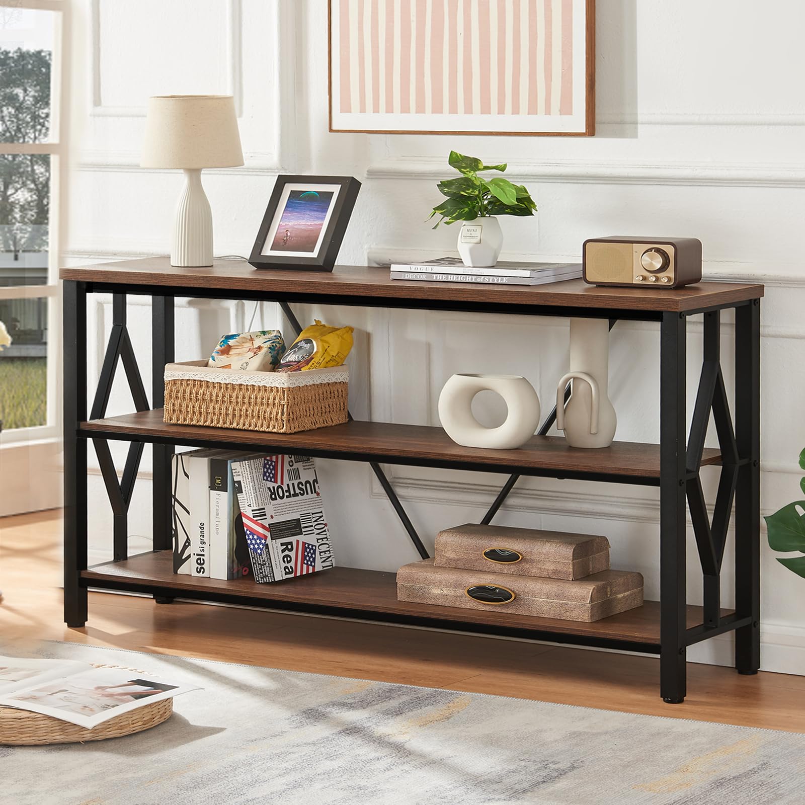 HOMISSUE Sofa Console Table, Rustic Console Table with 3-Tier Storage, Engineered Wood Sofa Tables with Open Shelves, Heavy Duty Entryway Tables for Living Room, Hallway (47 Inch, Rustic Brown)