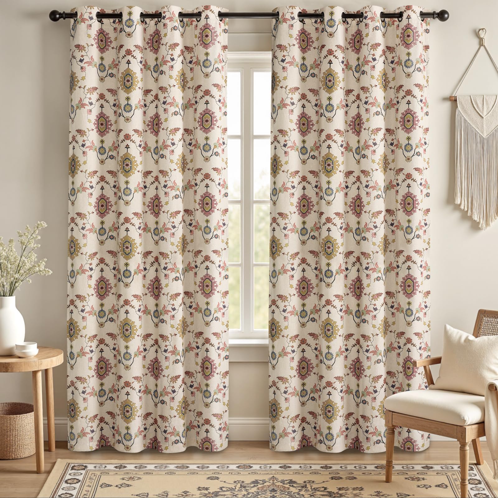 Boho Floral Spring Semi Sheer Curtains 84 Inch Length 2 Panels Set, Linen Texture Farmhouse Light Filtering Curtains Beige Tassel for Bedroom Living Room Vintage Rustic Patterned Printed Rod Pocket