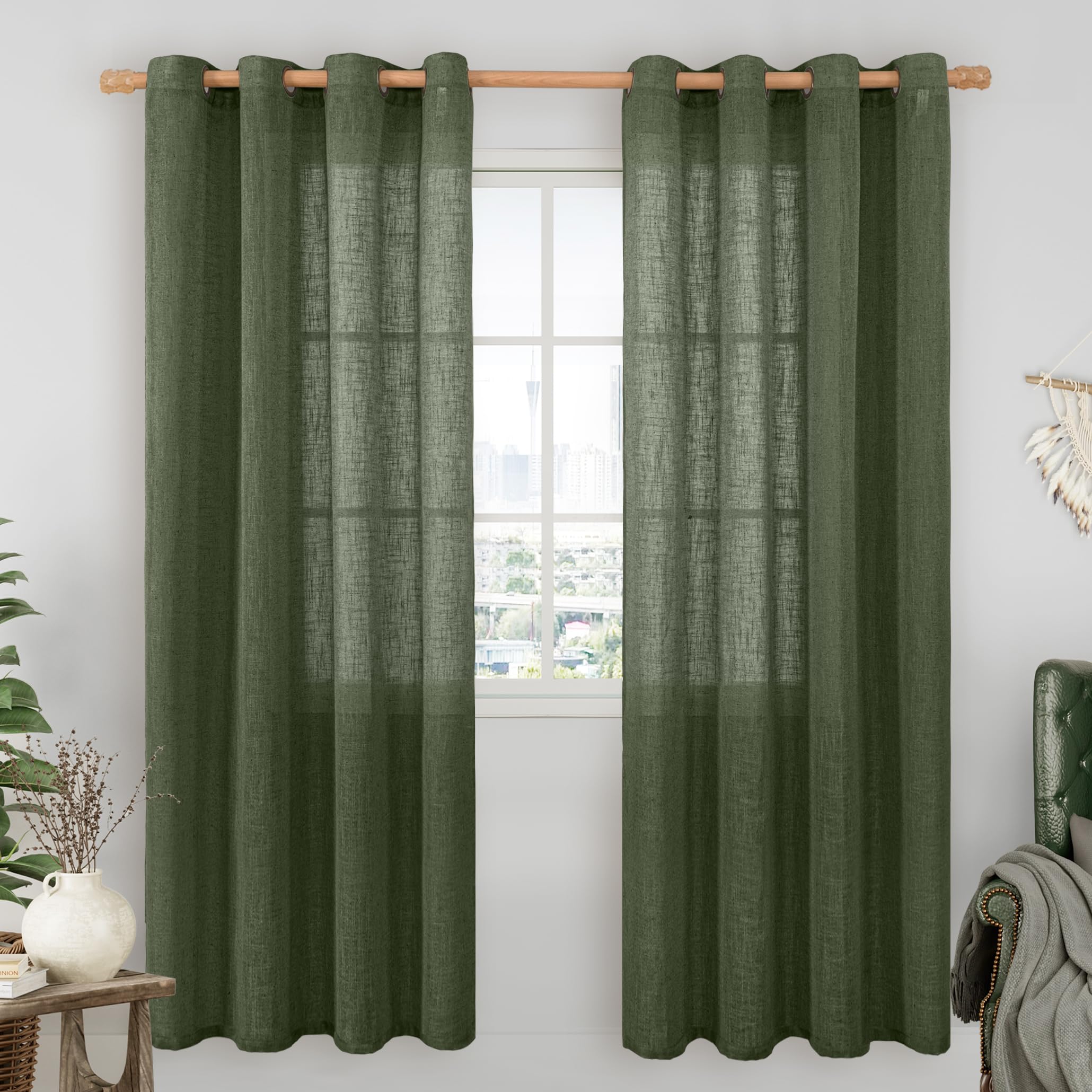 LAMIT Natural Cream Ivory Long Linen Curtains for Living Room, 108 inches Long Bronze Grommet Light Filtering Window Textured Neutral Sheer Drapes for Bedroom Farmhouse, 2 Panels, 52 x 108 Inch