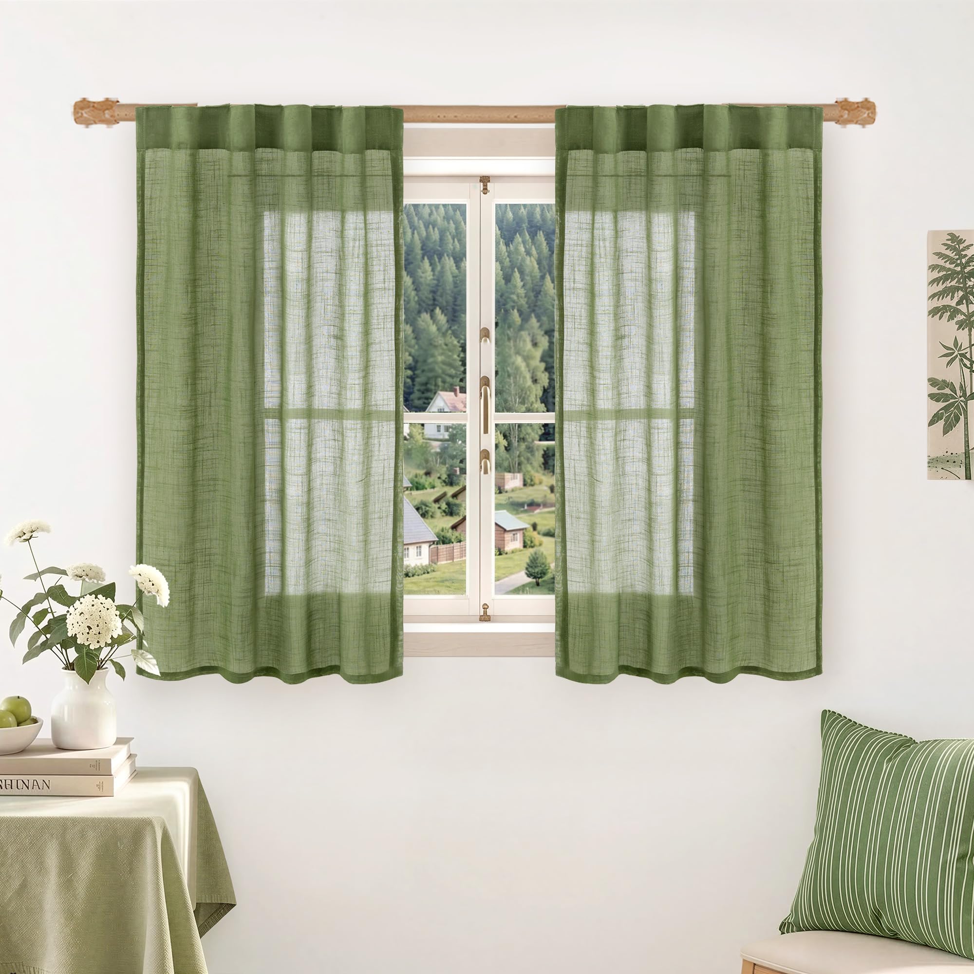 LAMIT Natural Linen Sheer Curtains 90 Inches Long 2 Panels, Long Light Filtering Window Treatments Back Tab and Rod Pocket Farmhouse Boho Panels for Living Room/Bedroom/Dining Room, 52 x 90 Inch
