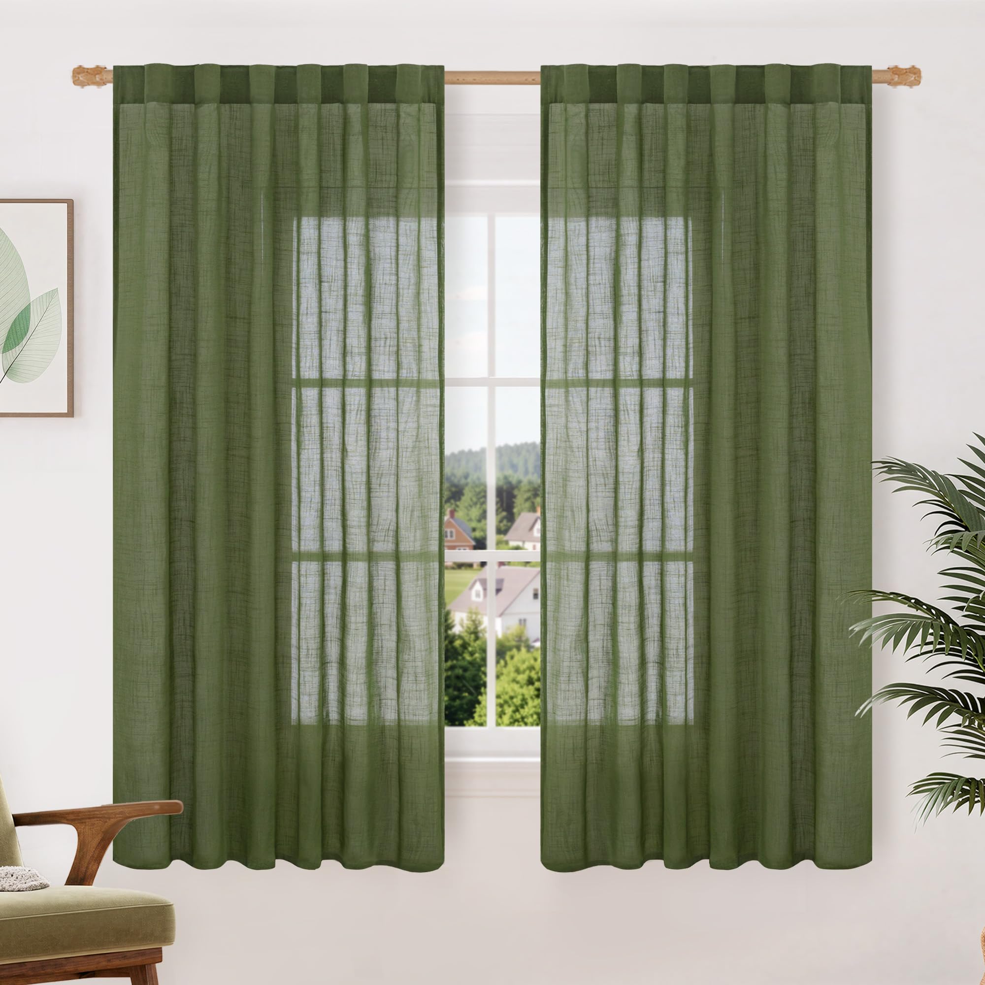 LAMIT Natural Linen Sheer Curtains 90 Inches Long 2 Panels, Long Light Filtering Window Treatments Back Tab and Rod Pocket Farmhouse Boho Panels for Living Room/Bedroom/Dining Room, 52 x 90 Inch