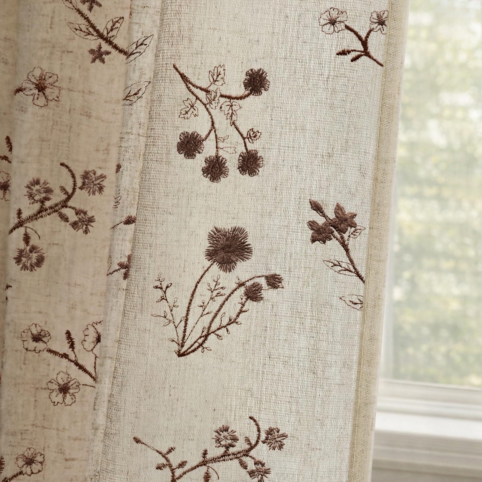 Boho Floral Spring Semi Sheer Curtains 84 Inch Length 2 Panels Set, Linen Texture Farmhouse Light Filtering Curtains Beige Tassel for Bedroom Living Room Vintage Rustic Patterned Printed Rod Pocket