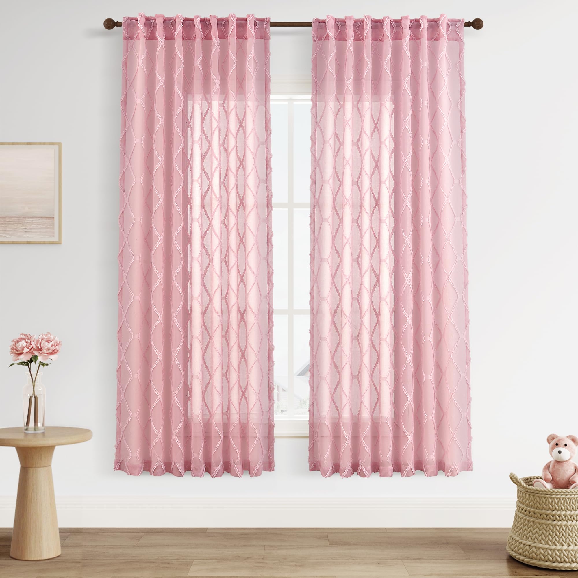 108" Beige Linen Sheer Curtains, 2 Panels, Tuft Pattern for Living Room & Bedroom