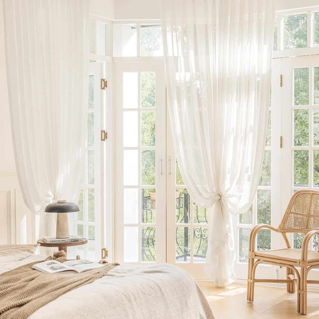 FMFUNCTEX Linen Sheer Curtains for Living Room, Beige Curtains 96 inches Long for Bedroom, Natural Flax Blend Window Draperies for Farmhouse Curtain, Rod Pocket 2 Panels