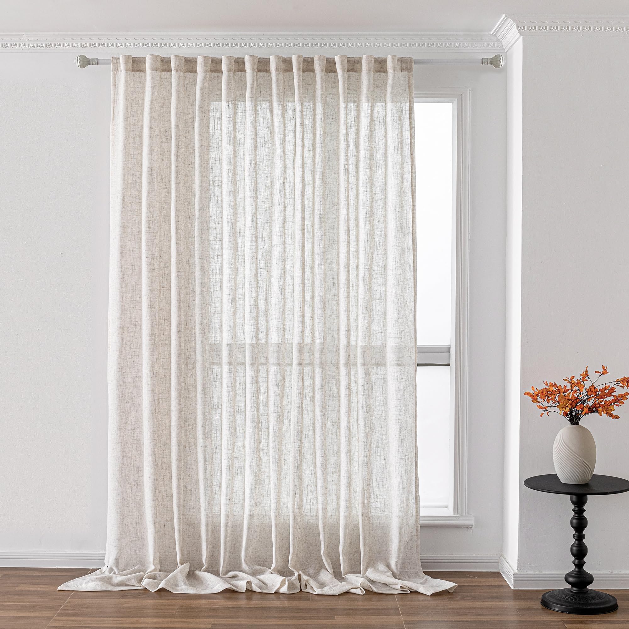 MYSKY HOME Country Curtains for Sliding Glass Door, Back Tab Semi Sheer Curtain Panels Extra Long Floor Length Drapes Linen Texture Soft Touch, 50x108 Inch, Linen, Set of 2