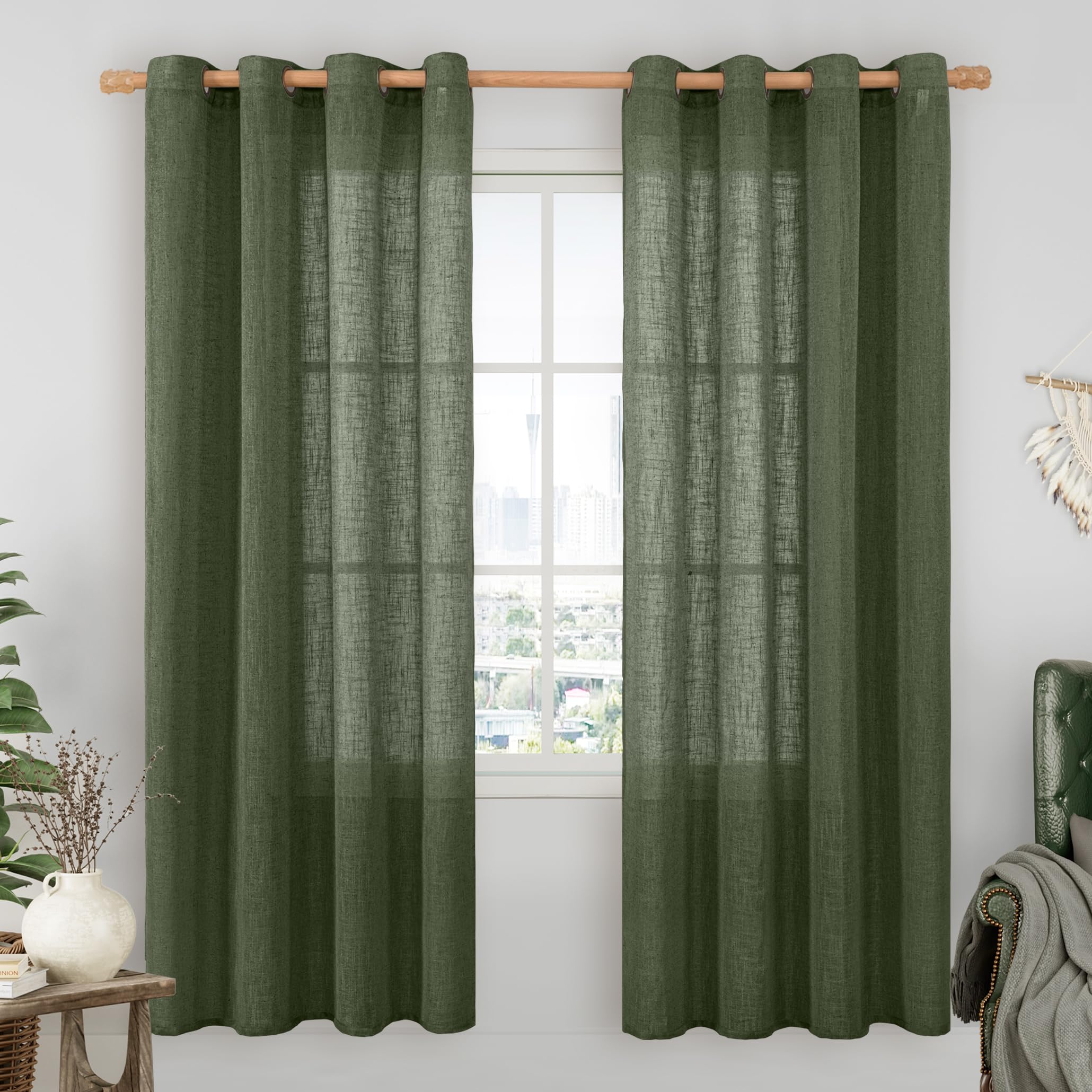 LAMIT Natural Cream Ivory Long Linen Curtains for Living Room, 108 inches Long Bronze Grommet Light Filtering Window Textured Neutral Sheer Drapes for Bedroom Farmhouse, 2 Panels, 52 x 108 Inch