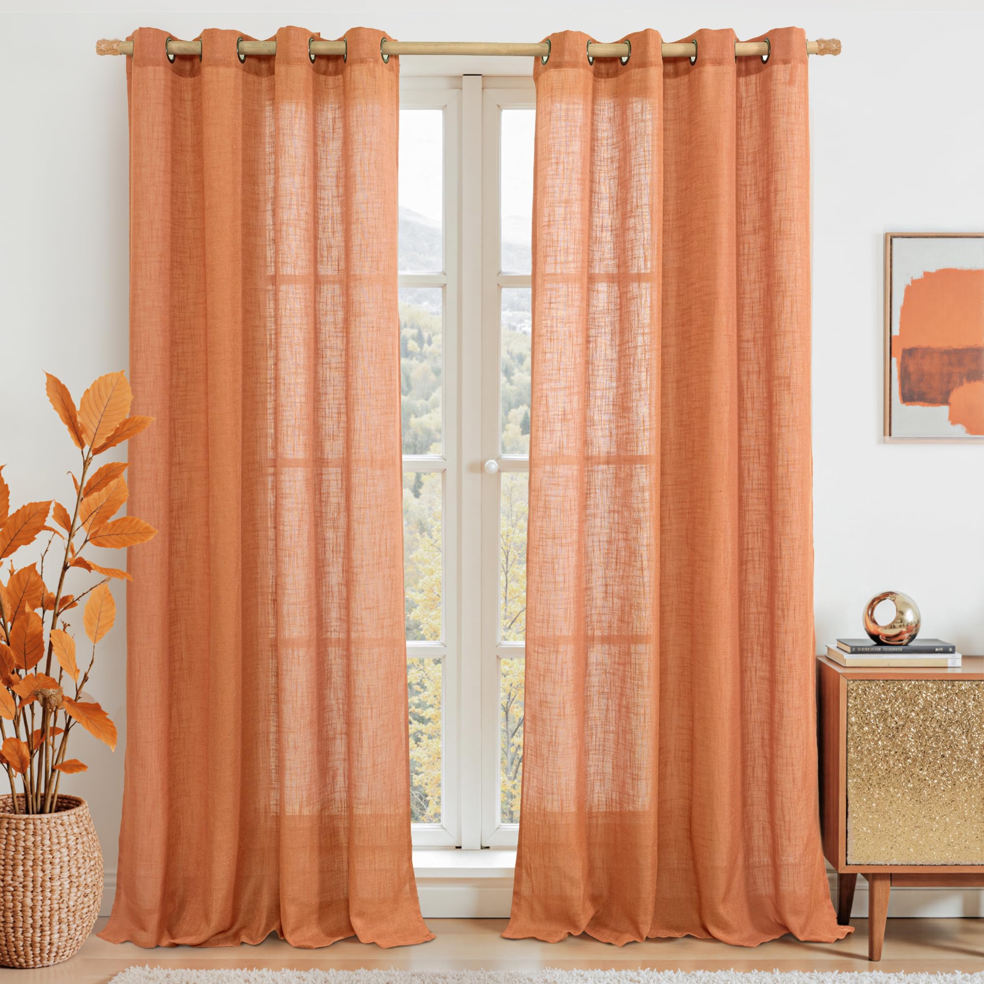 LAMIT Natural Cream Ivory Long Linen Curtains for Living Room, 108 inches Long Bronze Grommet Light Filtering Window Textured Neutral Sheer Drapes for Bedroom Farmhouse, 2 Panels, 52 x 108 Inch