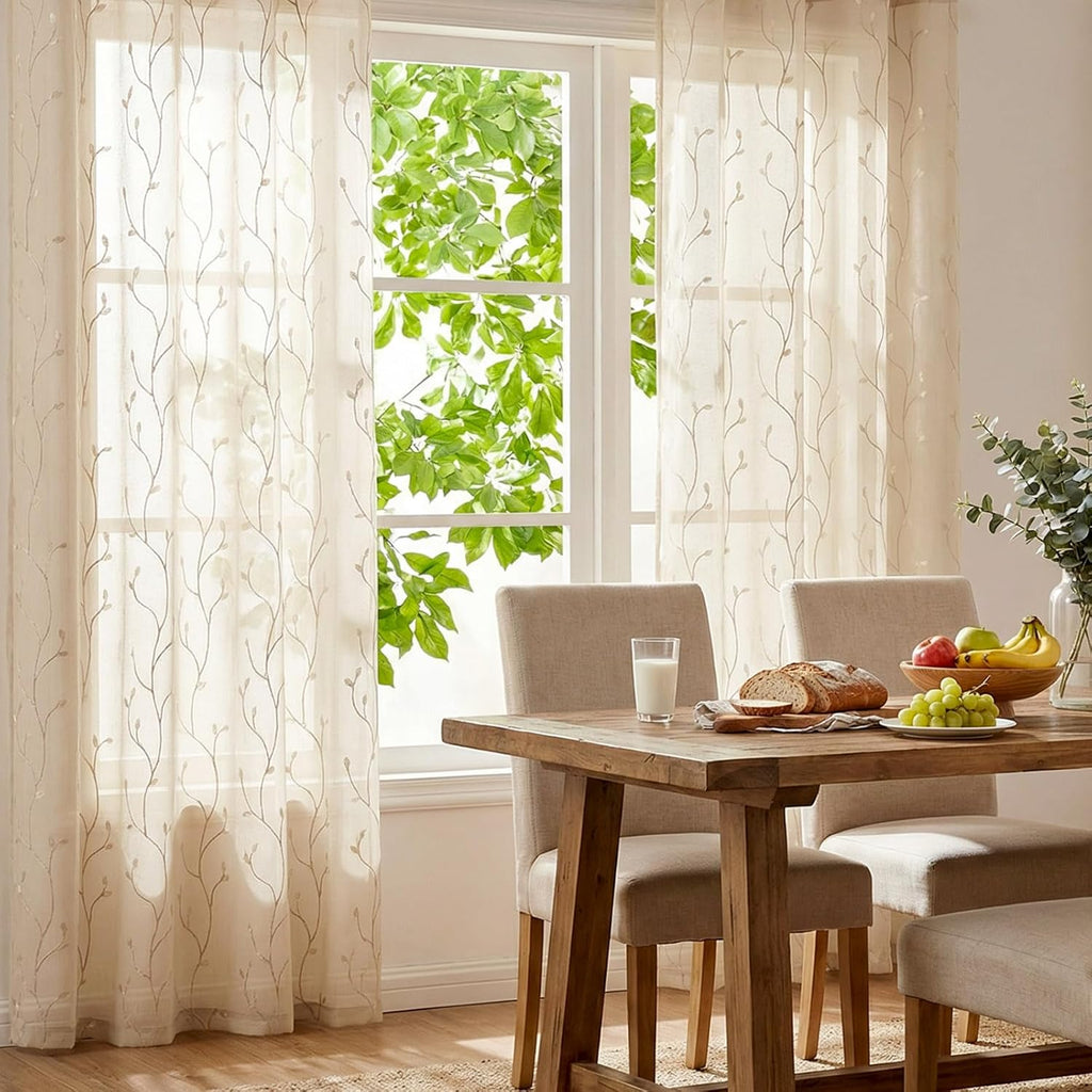 jinchan Sheer Curtains for Bedroom 84 Inch Length Leaf Embroidered Semi Sheers for Living Room Botanical Embroidery Voile Transparent Grommet Window Treatments Taupe 2 Panels