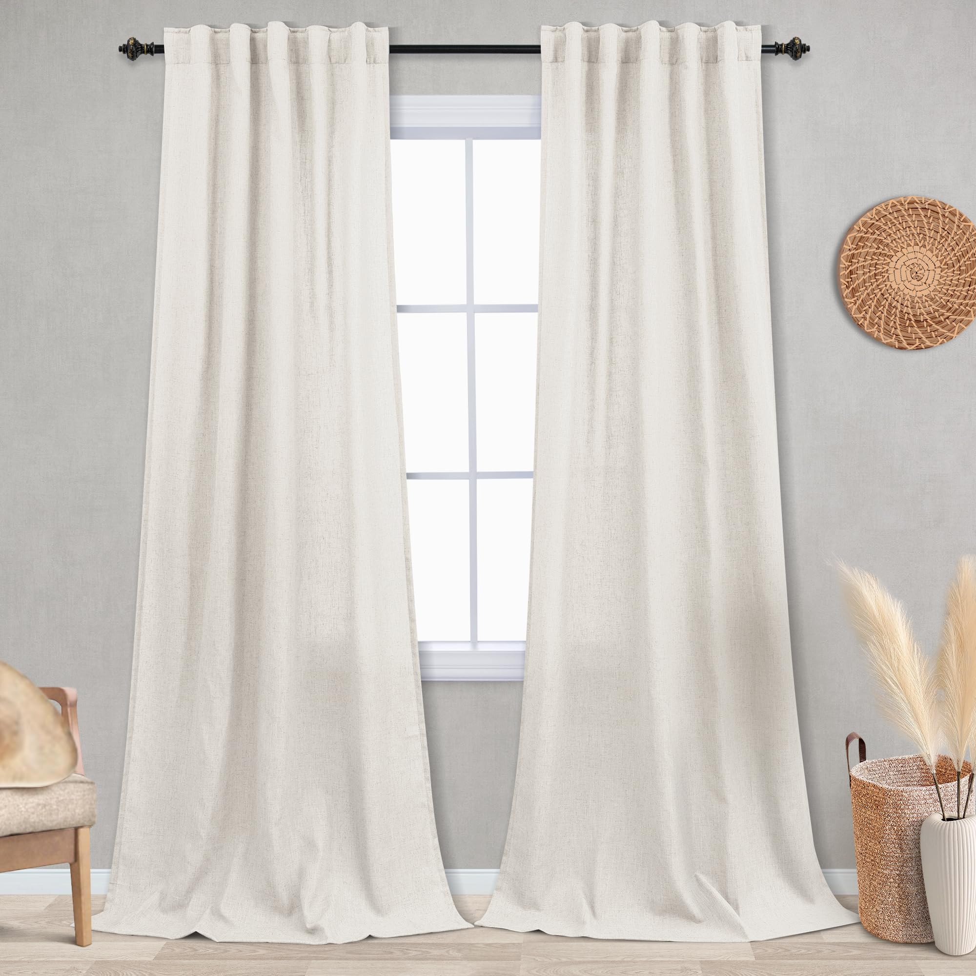 KOUFALL 92 Inch Curtains for Living Room 2 Panels Set,Light Filtering Farmhouse Boho Linen Semi Sheer Curtain Drapes 92 Inches Long for Bedroom,Cream Ivory