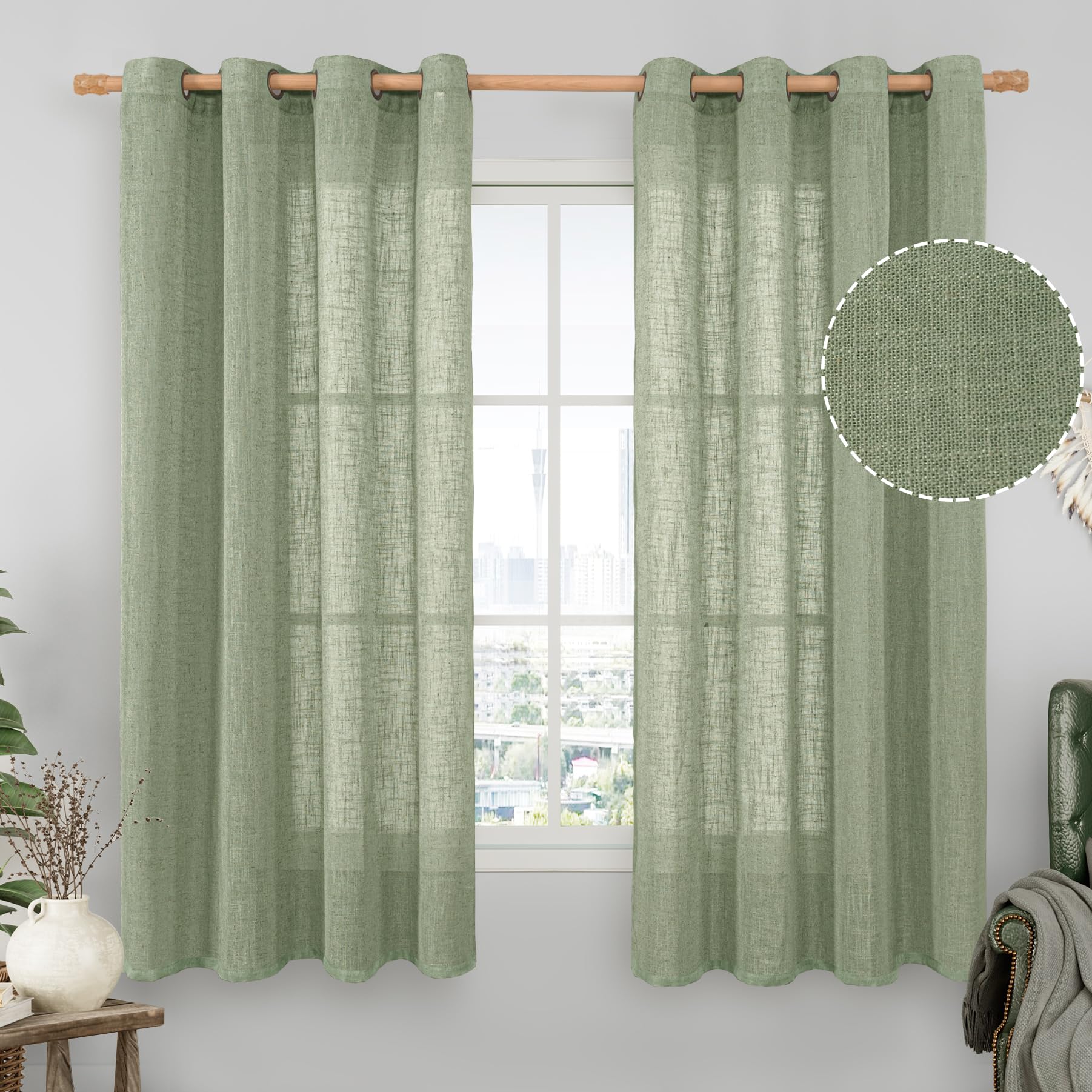 LAMIT Natural Cream Ivory Long Linen Curtains for Living Room, 108 inches Long Bronze Grommet Light Filtering Window Textured Neutral Sheer Drapes for Bedroom Farmhouse, 2 Panels, 52 x 108 Inch
