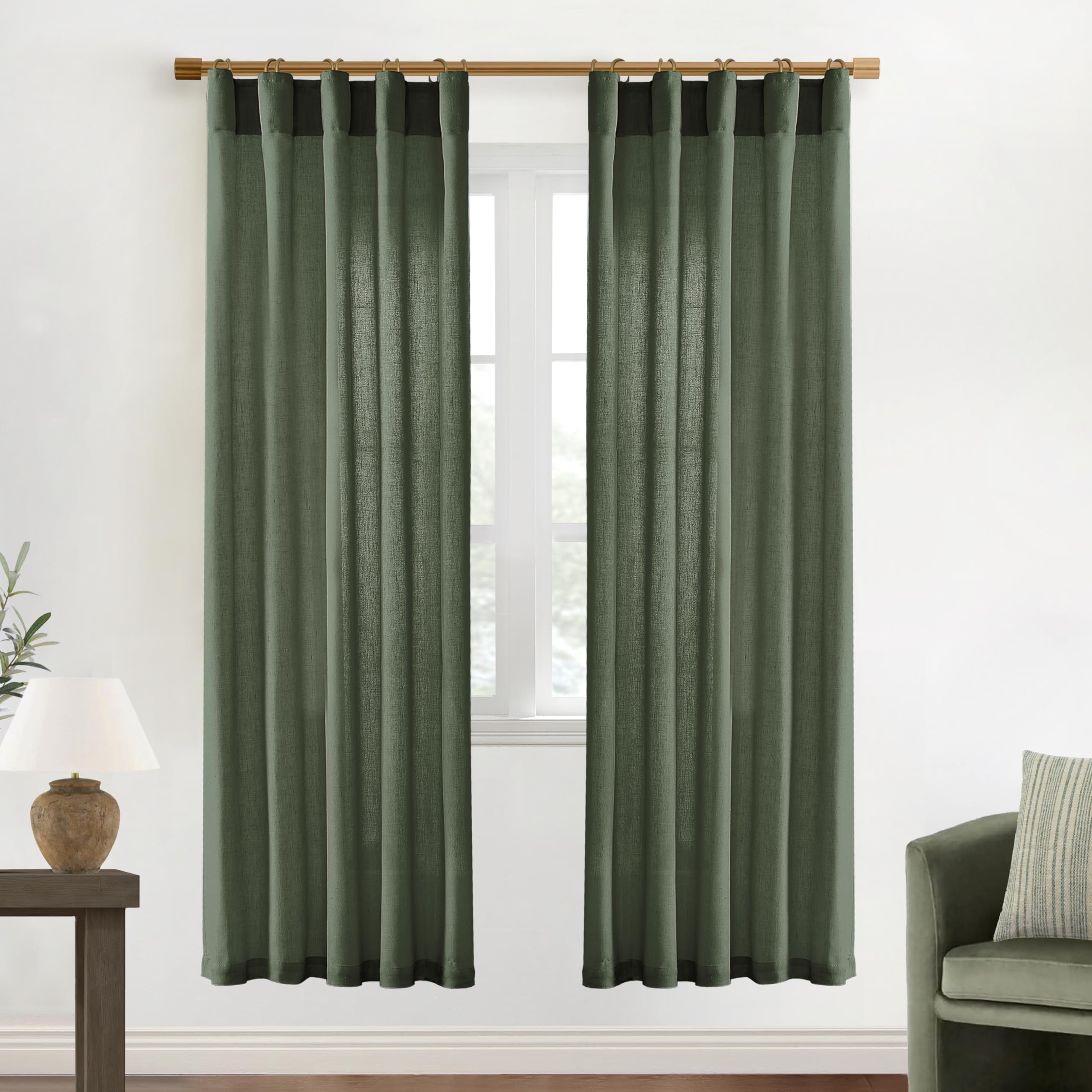 XTMYI 90 Inches Long Sheer Linen Curtains 2 Panels Set,Hook Tape Back Tab Semi Sheer Cotton Blend Fabric Modern Cottage Core Cottagecore Curtain Drapes for Living Room Bedroom,50x90 in Length