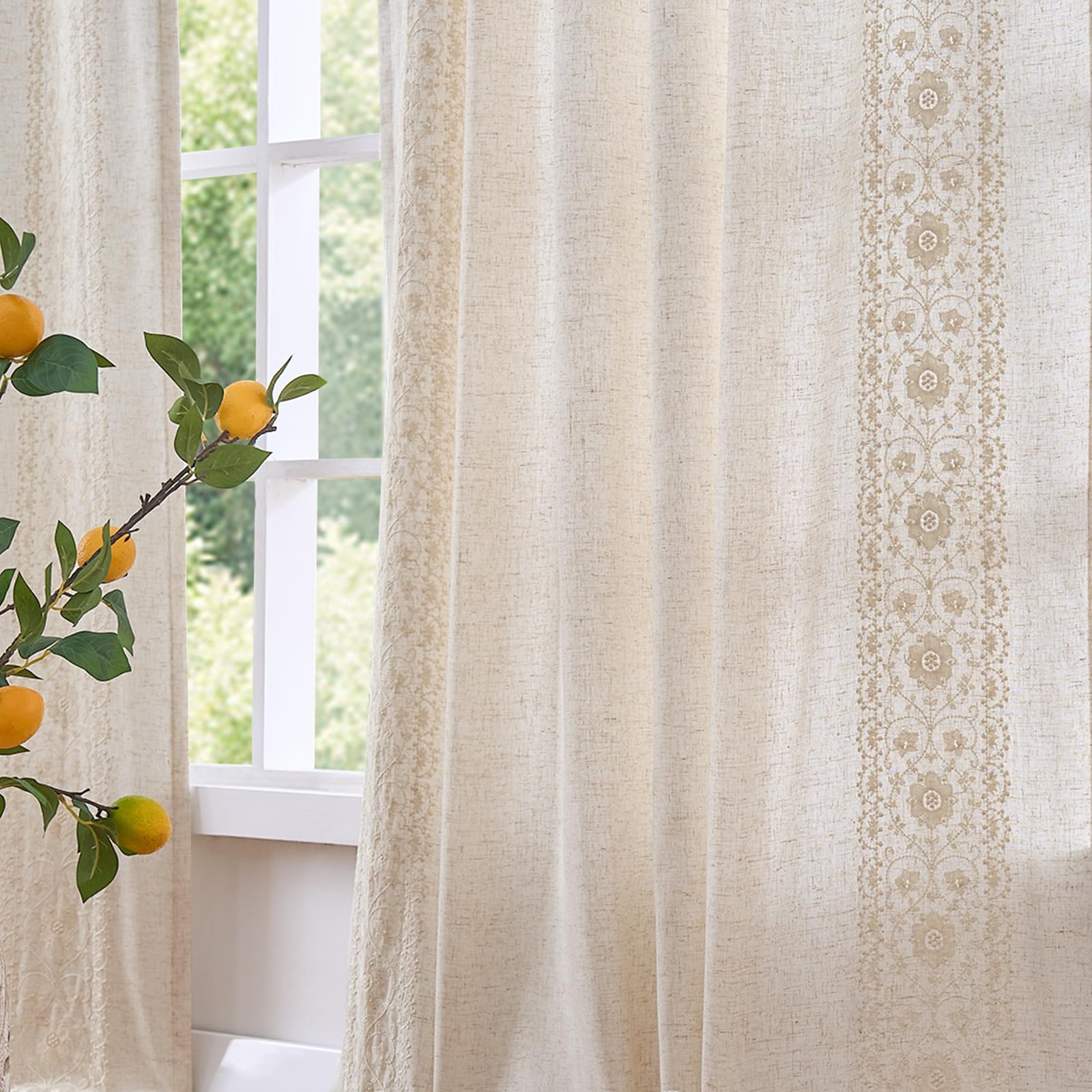 jinchan Weslie Beige Floral Sheer Curtains for Living Room 84 Inch Long Embroidered Voile Farmhouse Linen Curtains for Bedroom Ivory Flower Patterned Cottage Core Window Drapes 2 Panels Ivory on Beige