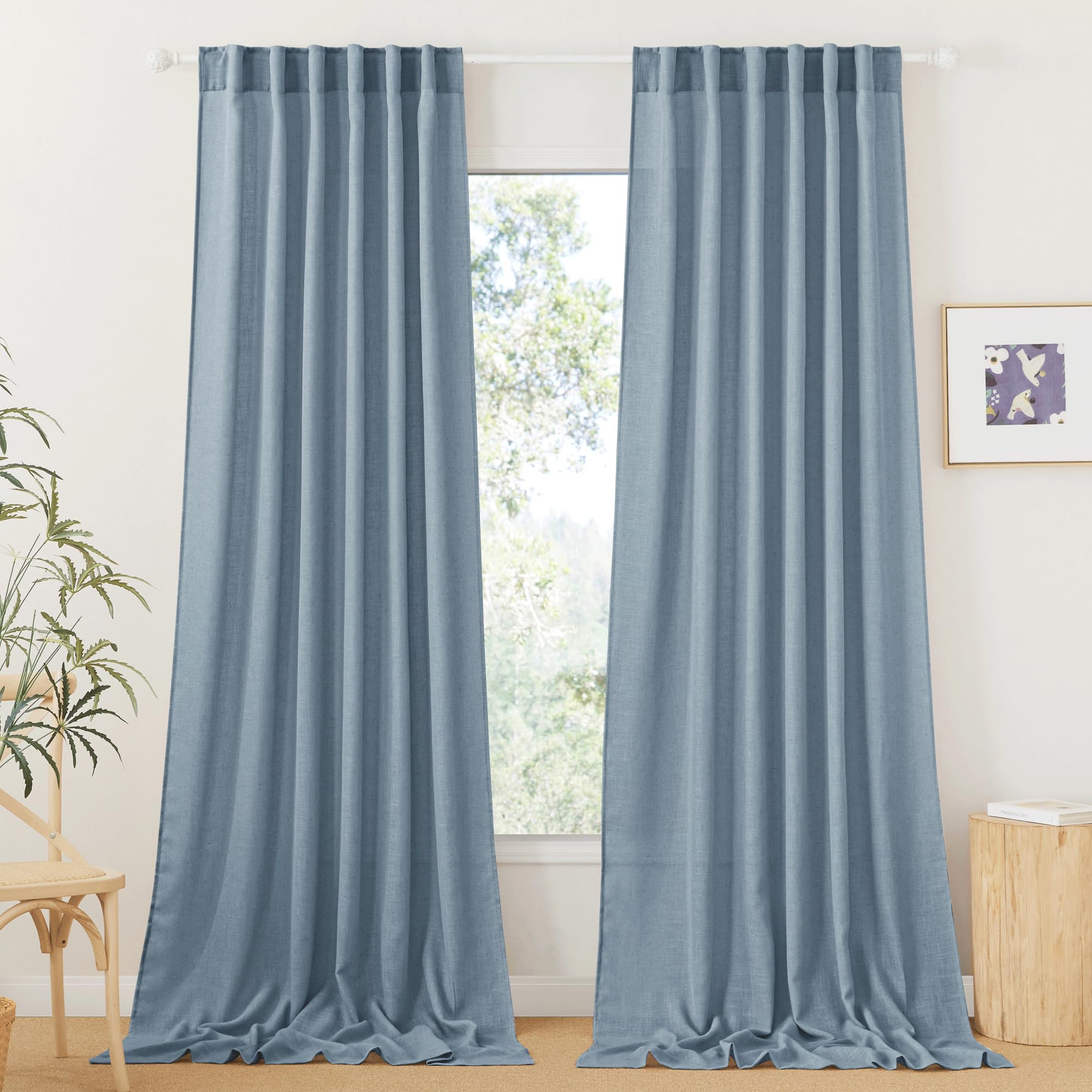 RYB HOME Semi Sheer Curtains 102 inches Long, Back Tab Light Filtration Half Privacy Window Curtains & Drapes for Bedroom Living Room, Linen, W 52 x L 102 inches, 2 Panels Set