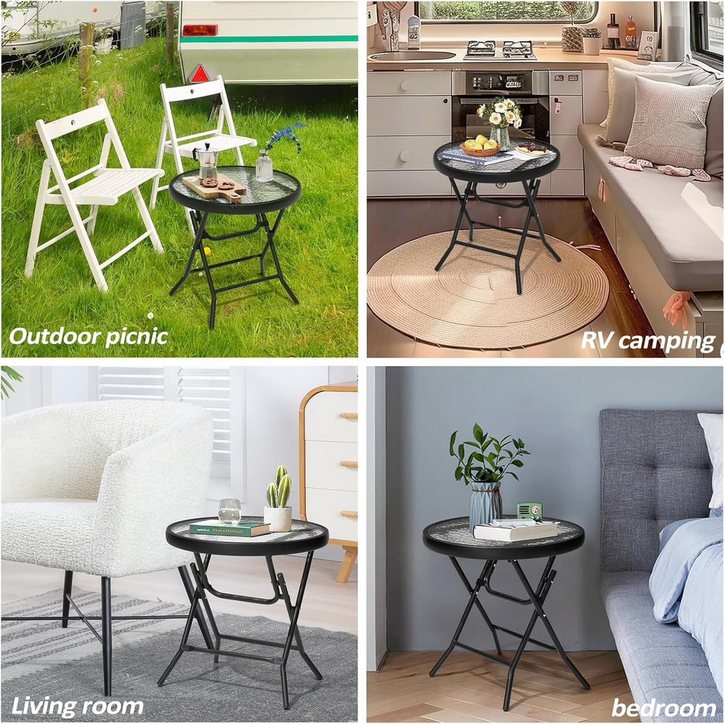 18" Black Tempered Glass Folding Side Table for Outdoor Spaces