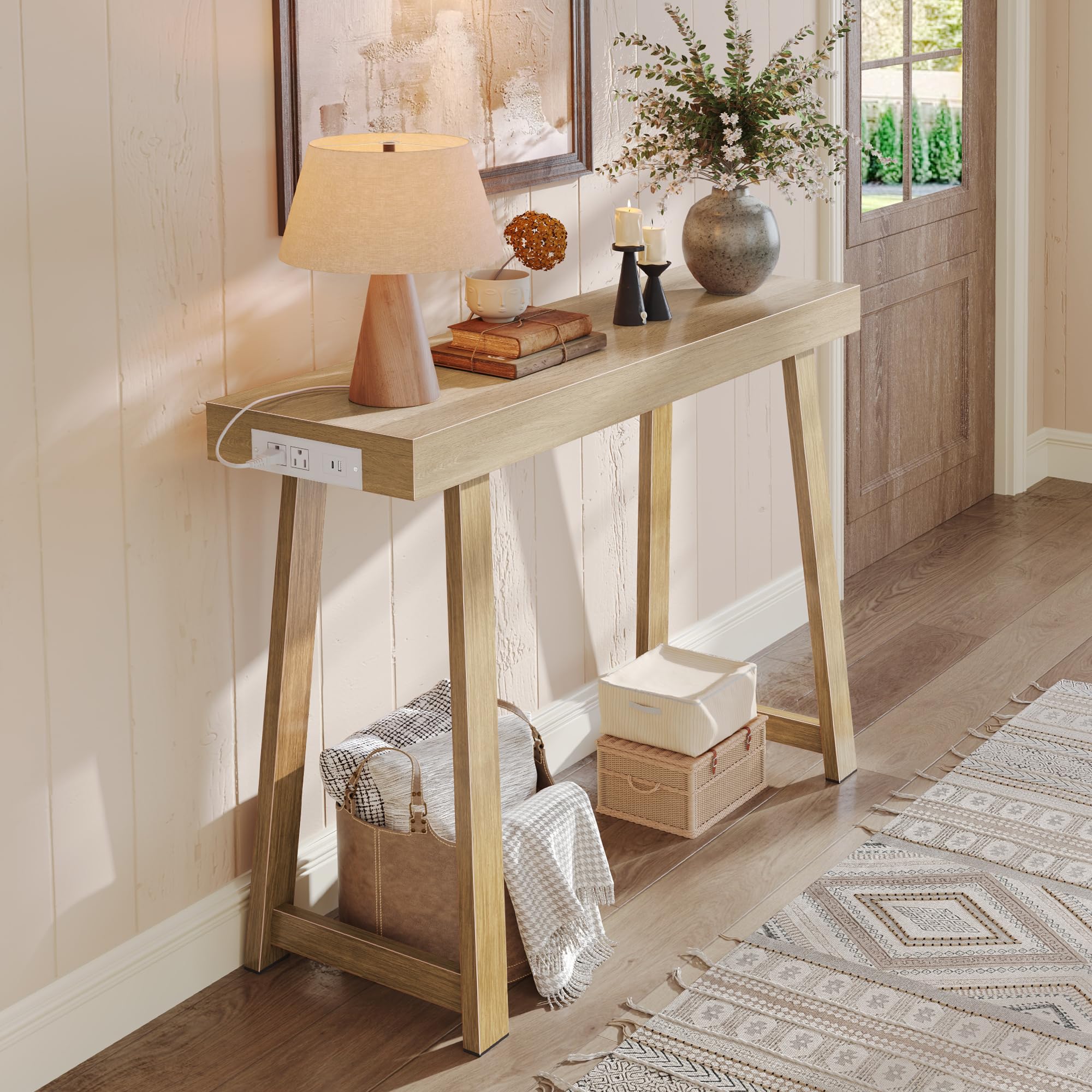 47.2" Black Modern Console Table with Charging Station & Metal Legs