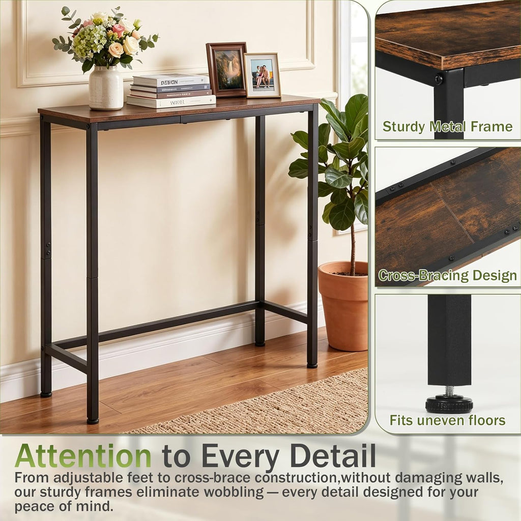 Sturdy Console Table with 98 lb Capacity, Stable Wobble-Free Design for Living Room and Entryway, Heavy Duty Metal Frame, Easy Assembly, 29.5 Inch Narrow Sofa Table, Rustic Brown