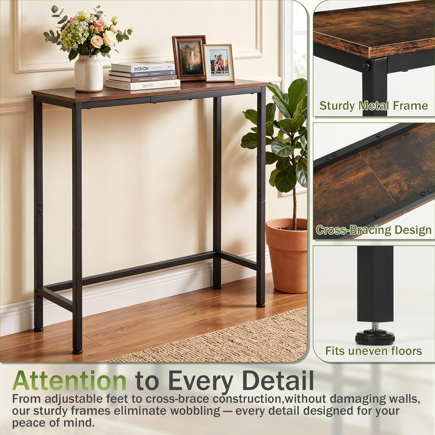 Sturdy Console Table with 98 lb Capacity, Stable Wobble-Free Design for Living Room and Entryway, Heavy Duty Metal Frame, Easy Assembly, 29.5 Inch Narrow Sofa Table, Rustic Brown