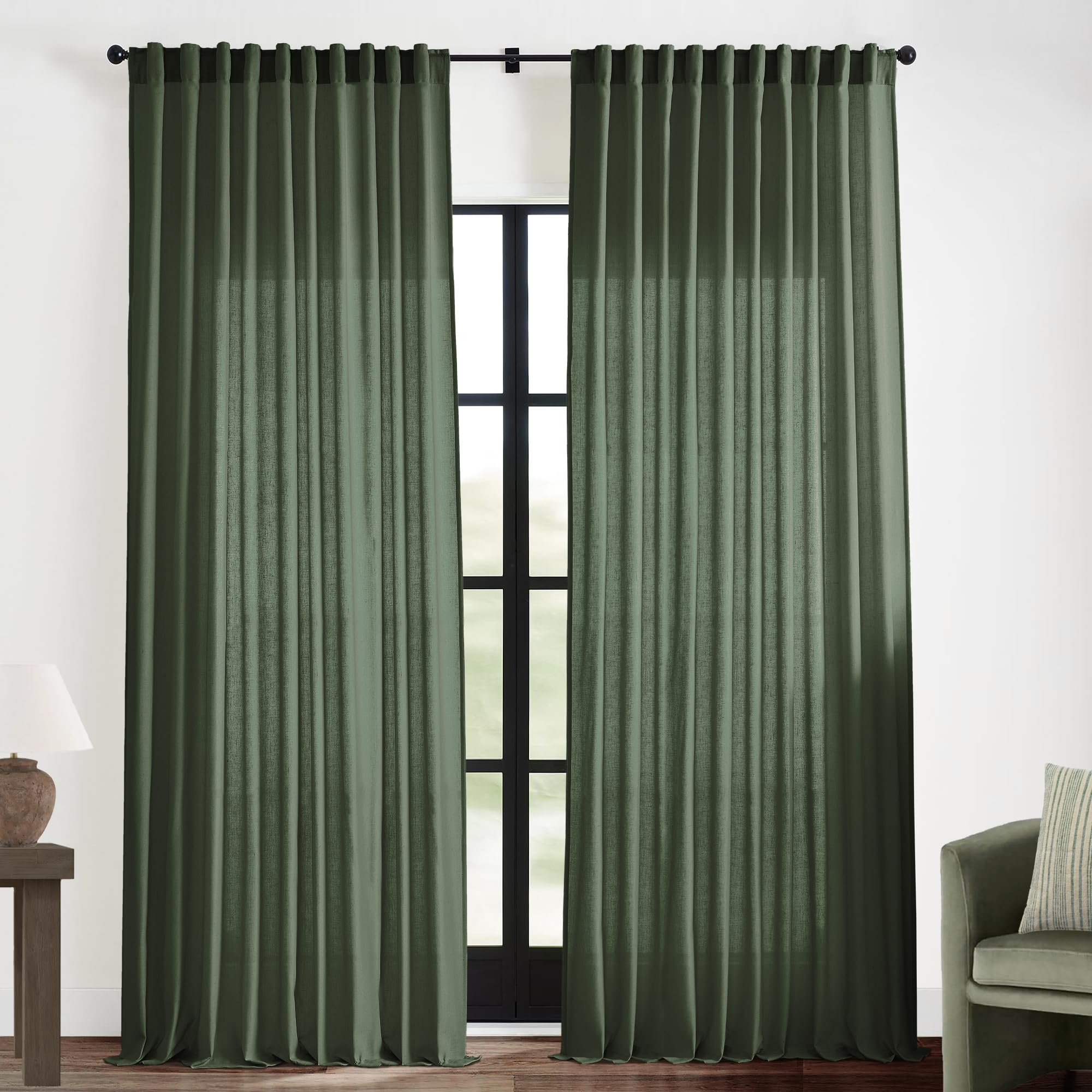 XTMYI 90 Inches Long Sheer Linen Curtains 2 Panels Set,Hook Tape Back Tab Semi Sheer Cotton Blend Fabric Modern Cottage Core Cottagecore Curtain Drapes for Living Room Bedroom,50x90 in Length