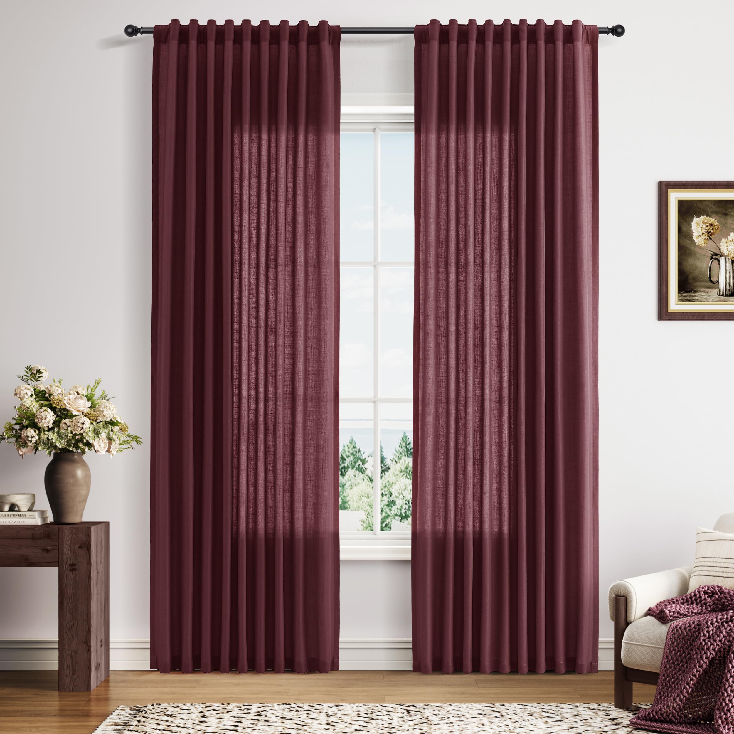 Nanspring Linen Curtains 80 Inches Long for Living Room Semi Sheer Light Filtering Curtain Back Tab Neutral Boho Modern Farmhouse Window Drapes for Bedroom 52x80 2 Panels Cream Ivory Beige Natural