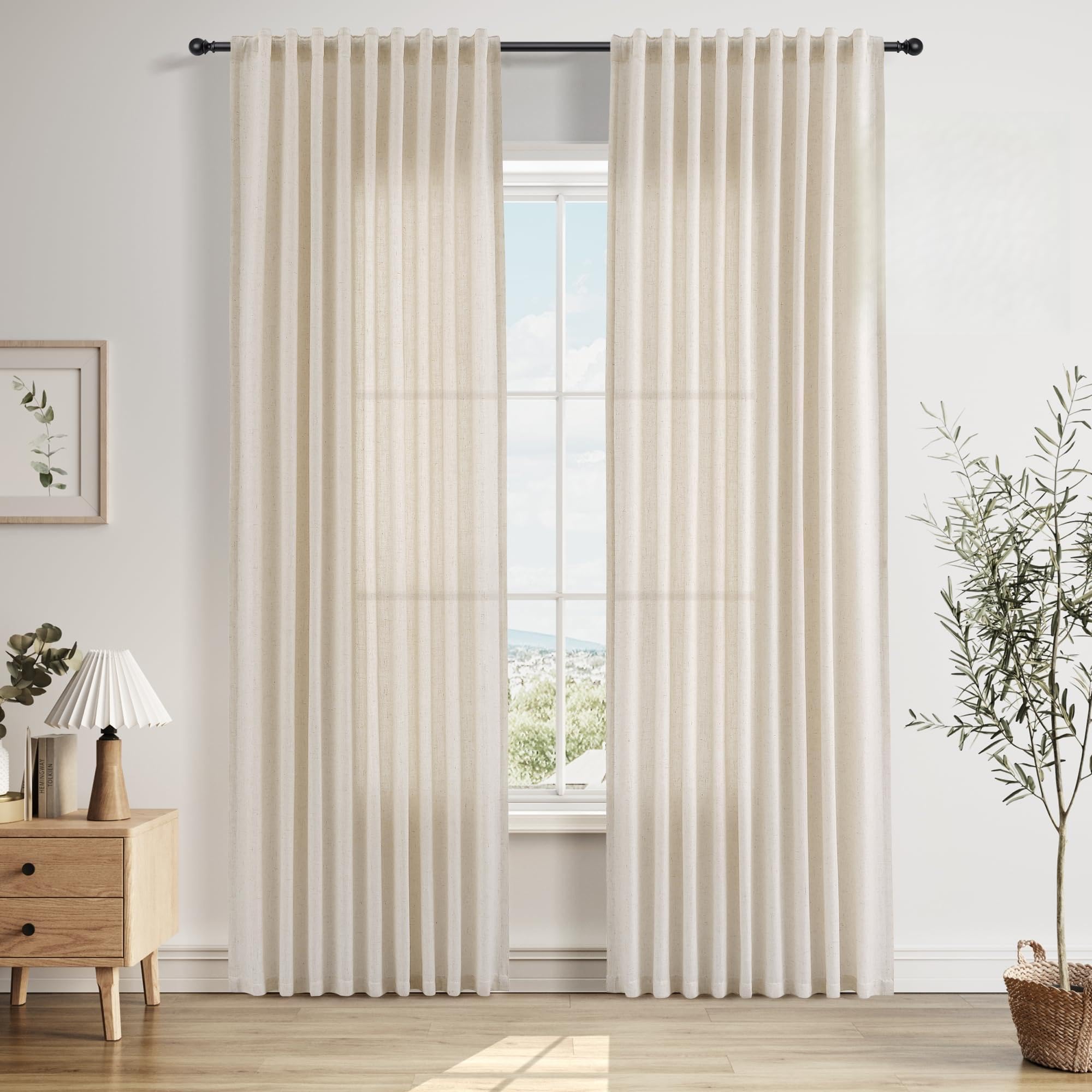 Nanspring Linen Curtains 80 Inches Long for Living Room Semi Sheer Light Filtering Curtain Back Tab Neutral Boho Modern Farmhouse Window Drapes for Bedroom 52x80 2 Panels Cream Ivory Beige Natural